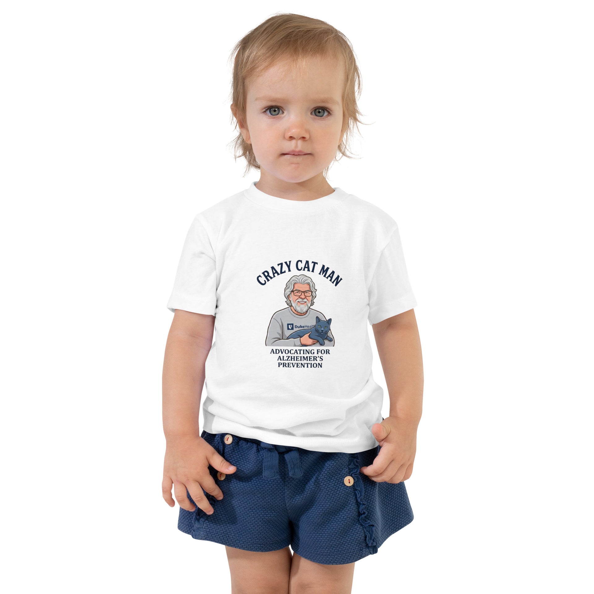 Toddler wearing white tee shirt with Crazy Cat Man Alzheimer prevention graphic