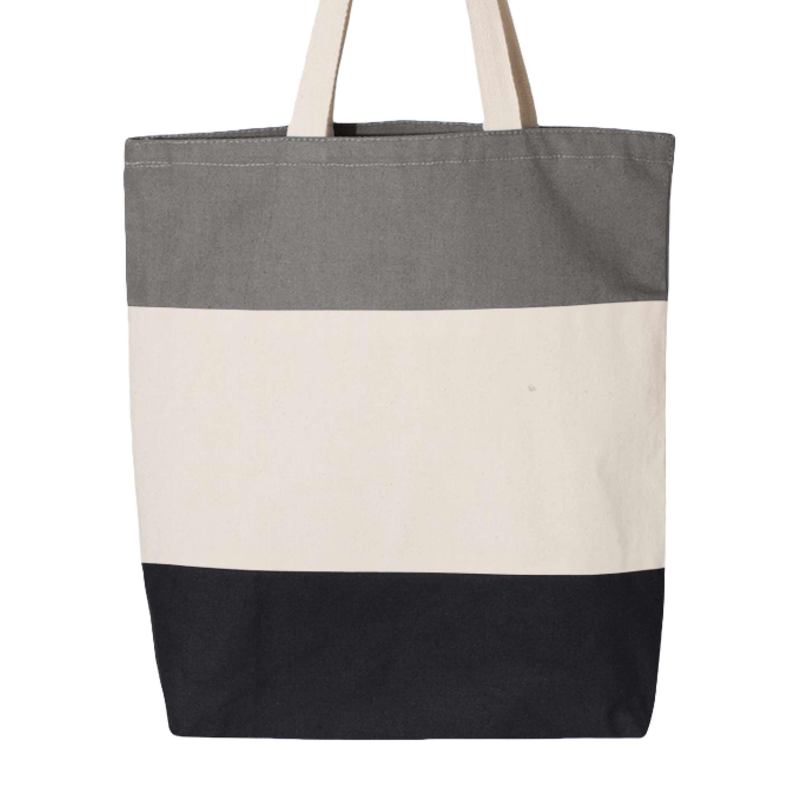 Tri-color tote bag with horizontal grey white and black stripes and cream handles