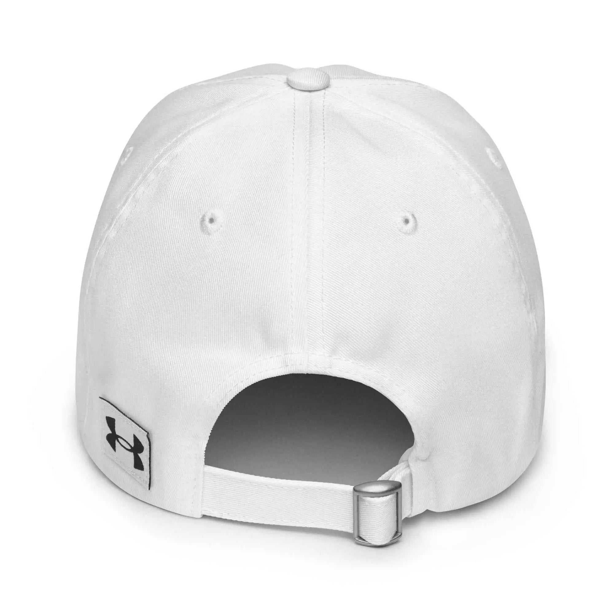 Back view of white Under Armour dad hat with adjustable metal strap and brand logo patch
