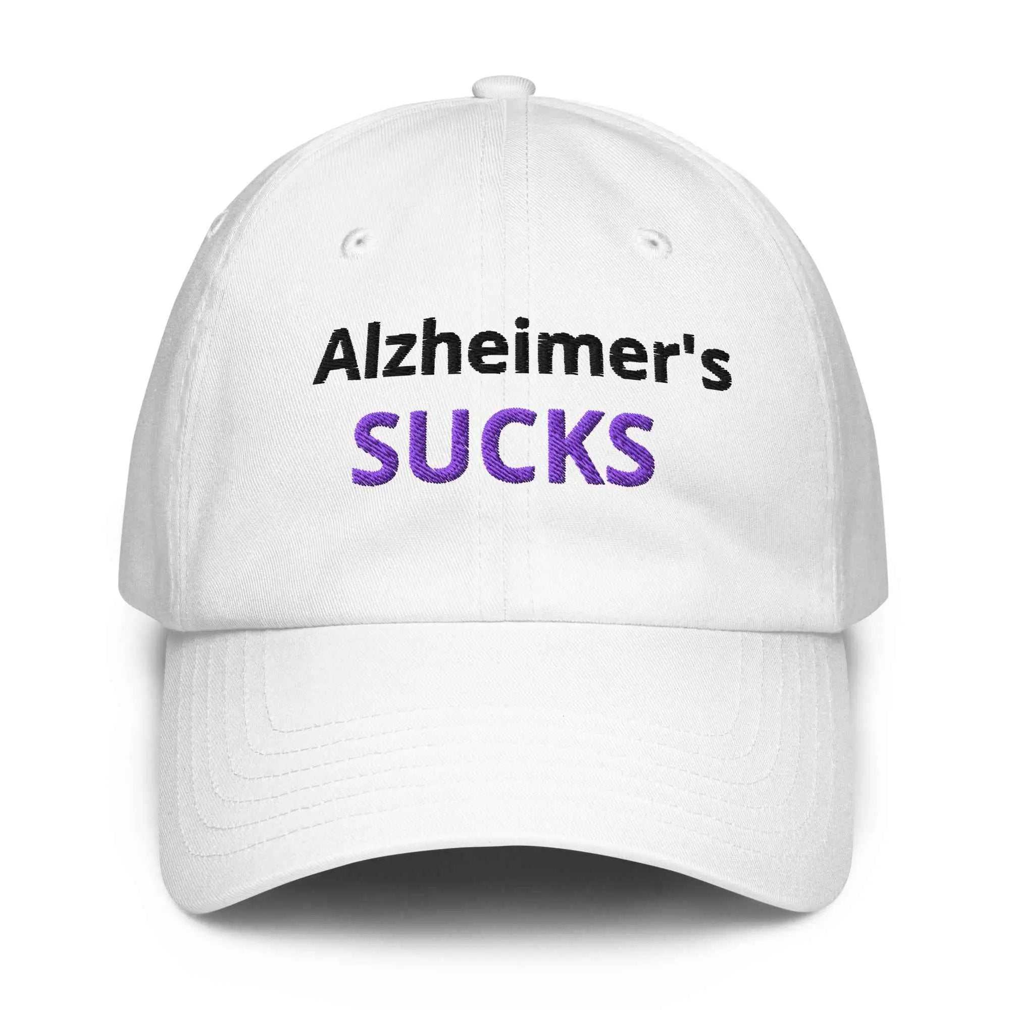 White Under Armour dad hat with embroidered text Alzheimer's SUCKS
