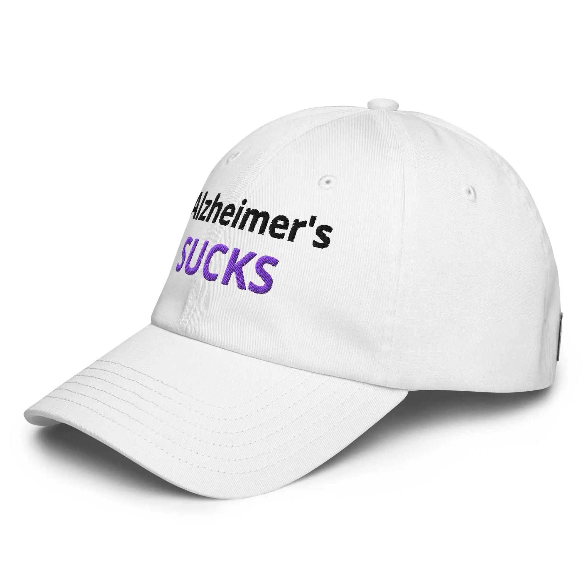White Under Armour dad hat with embroidered "Alzheimer's SUCKS" message, promoting Alzheimer's awareness, front view.