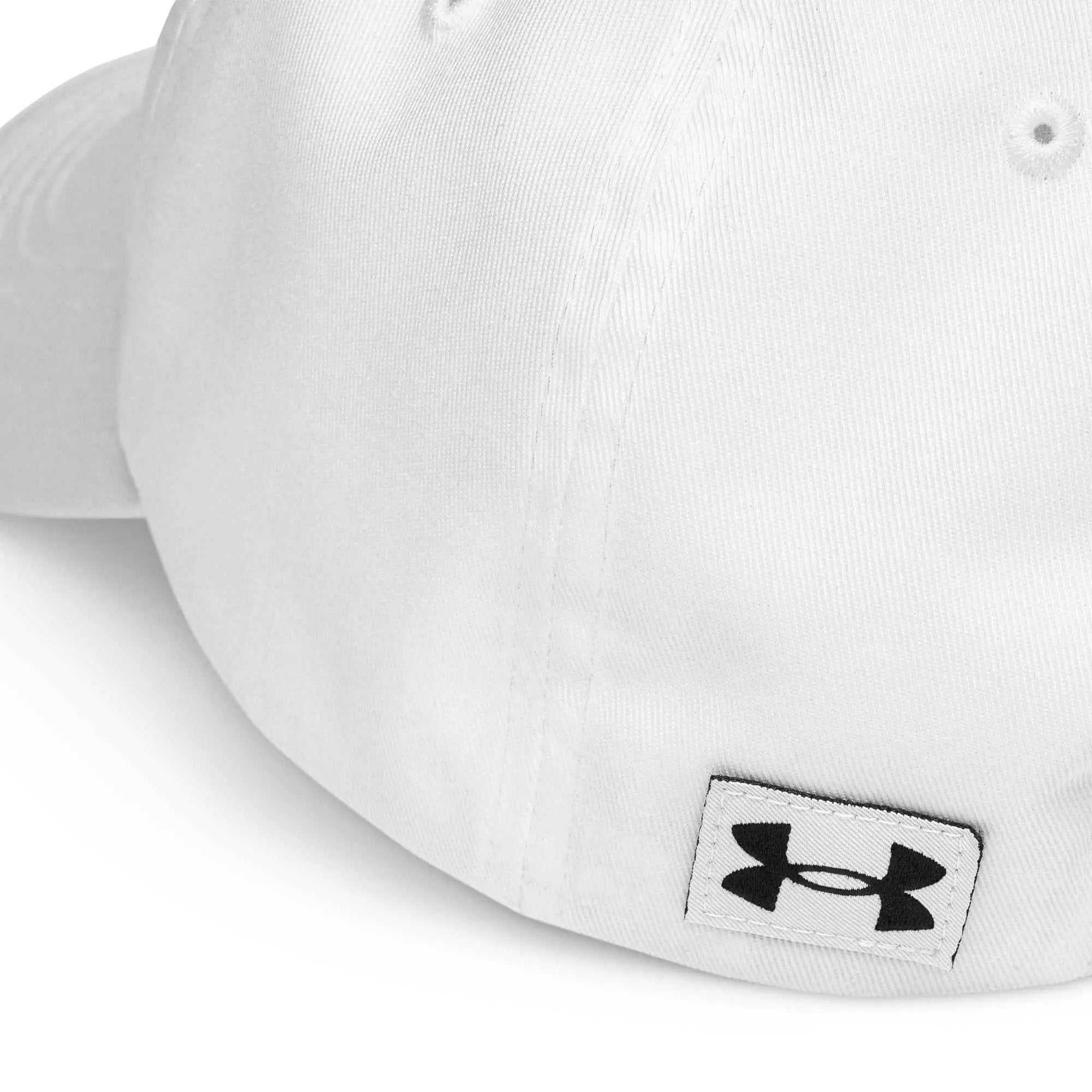 White Under Armour dad hat with embroidered "Alzheimer's SUCKS" message, supporting Alzheimer's awareness and featuring adjustable fit.