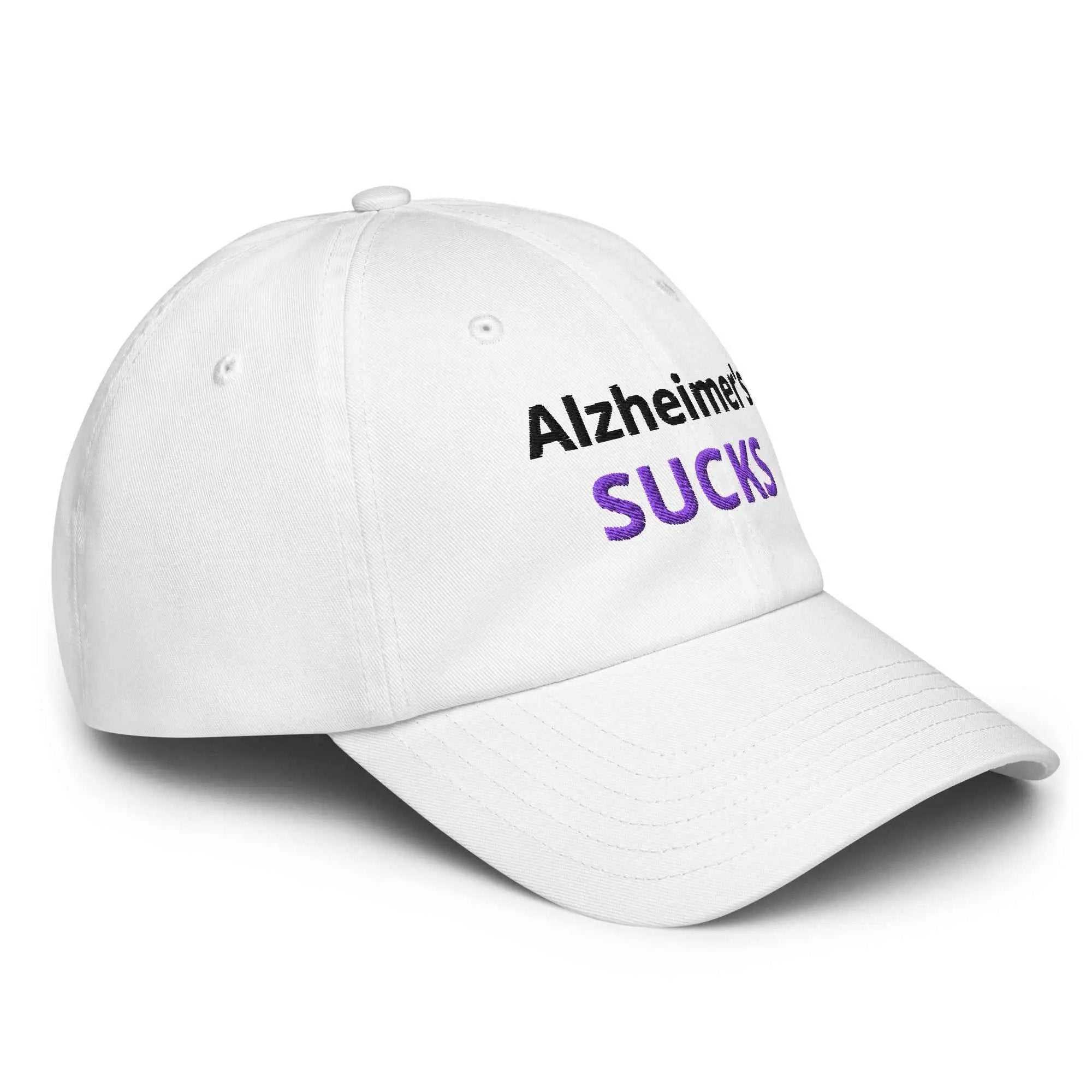 White Under Armour dad hat with embroidered Alzheimer's SUCKS text