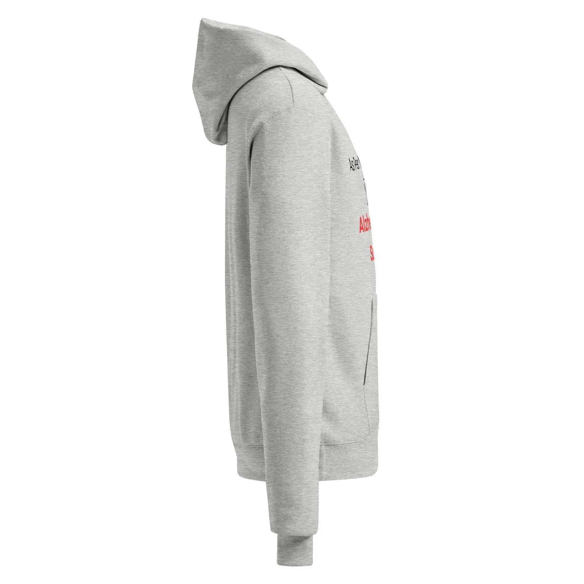 Side view of grey Unisex Champion hoodie with Alzheimer awareness text