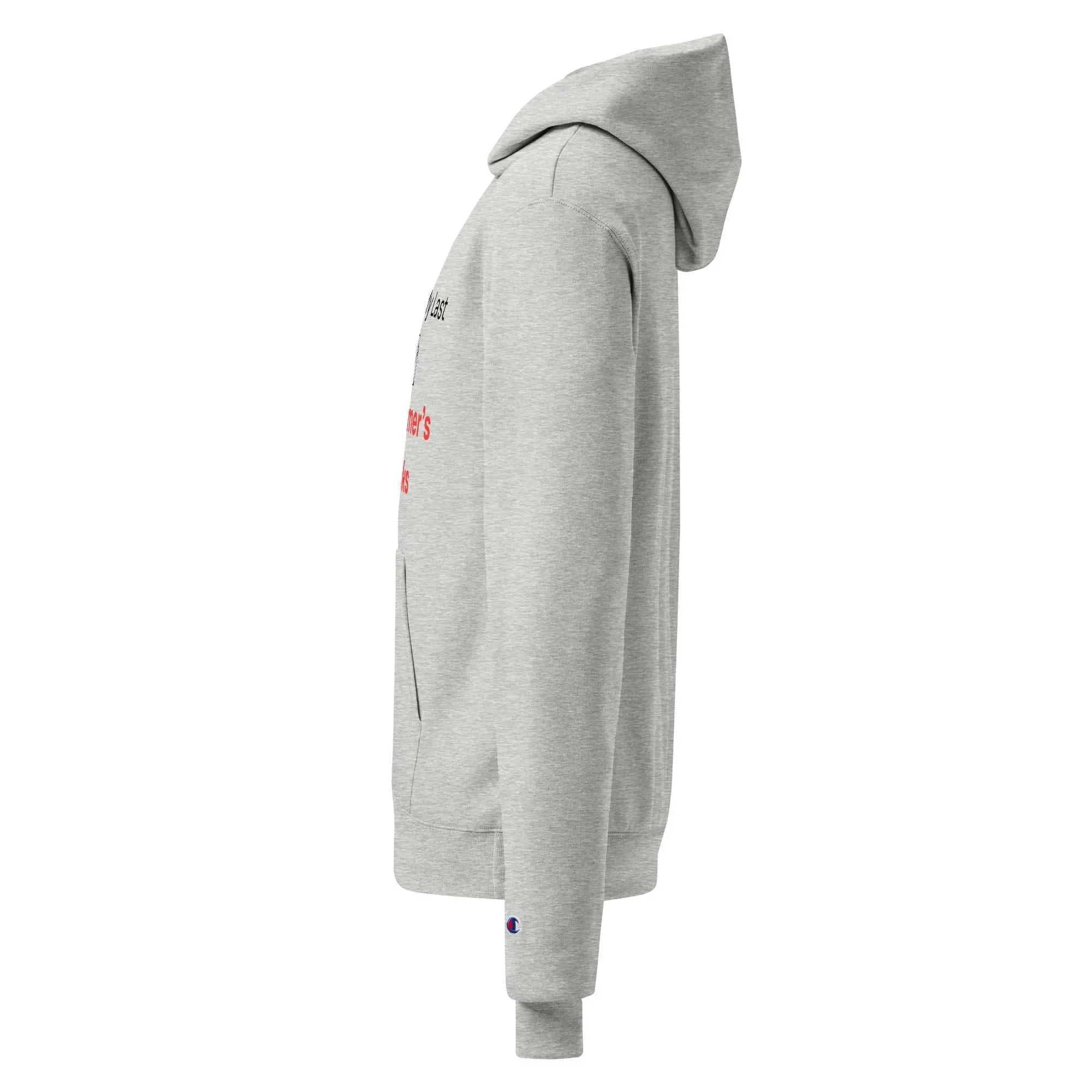 Side view of grey Unisex Champion Hoodie with Alzheimer's awareness text