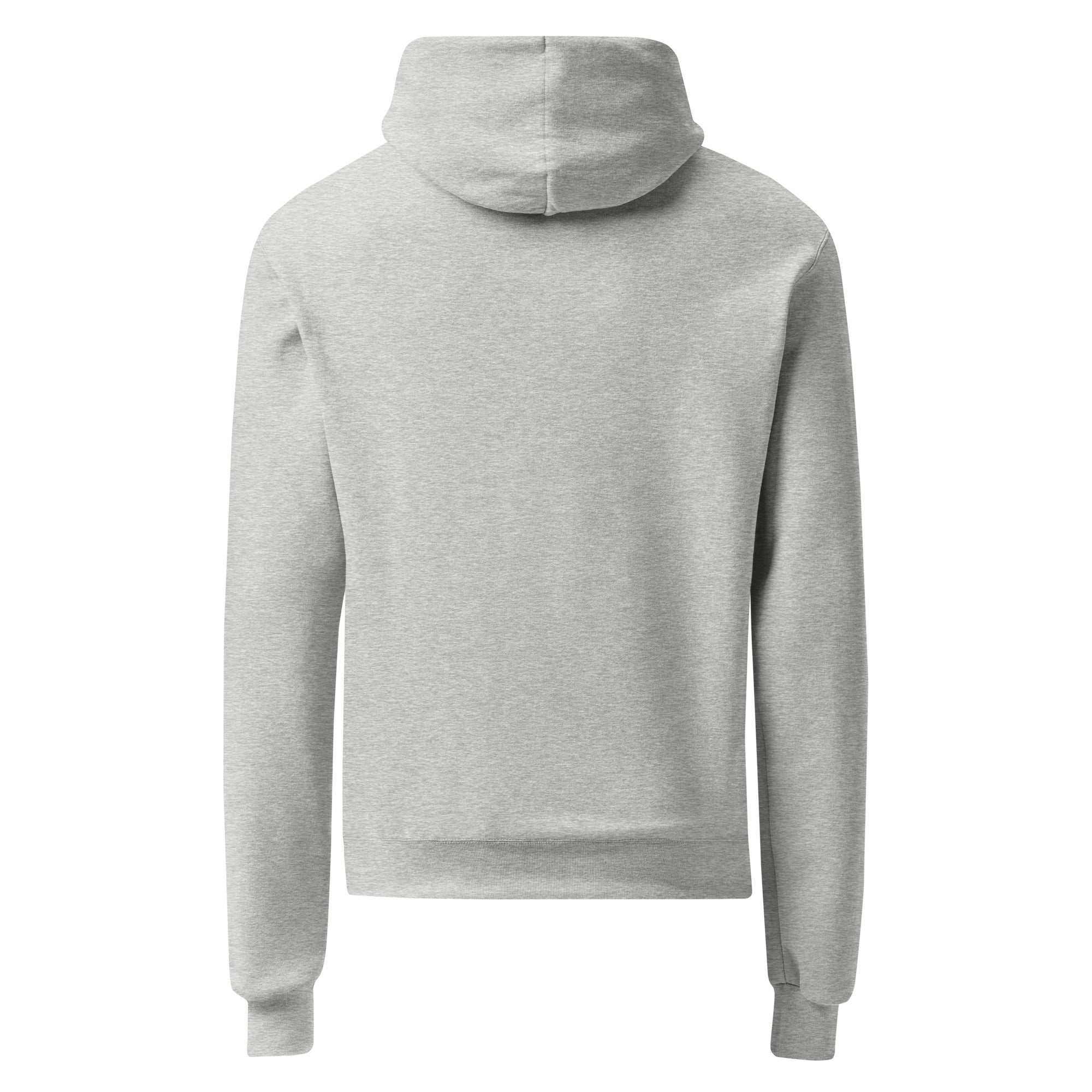 Back view of grey unisex Champion hoodie