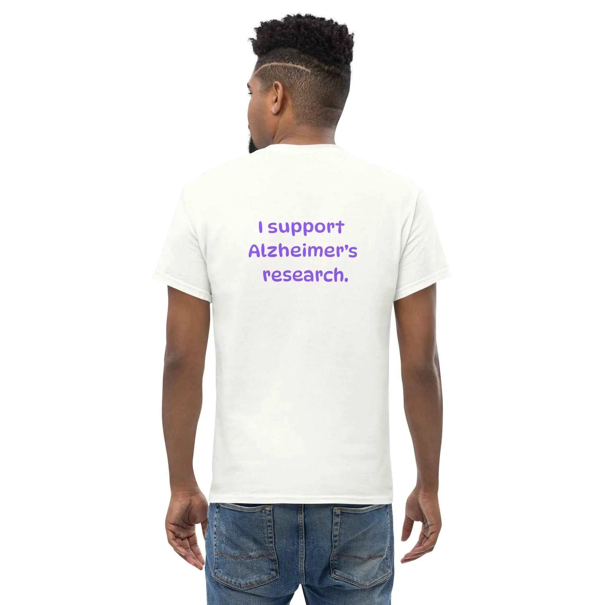 Back view of a person wearing a white Alzheimer's Awareness Shirt Unisex Classic Tee with purple text
