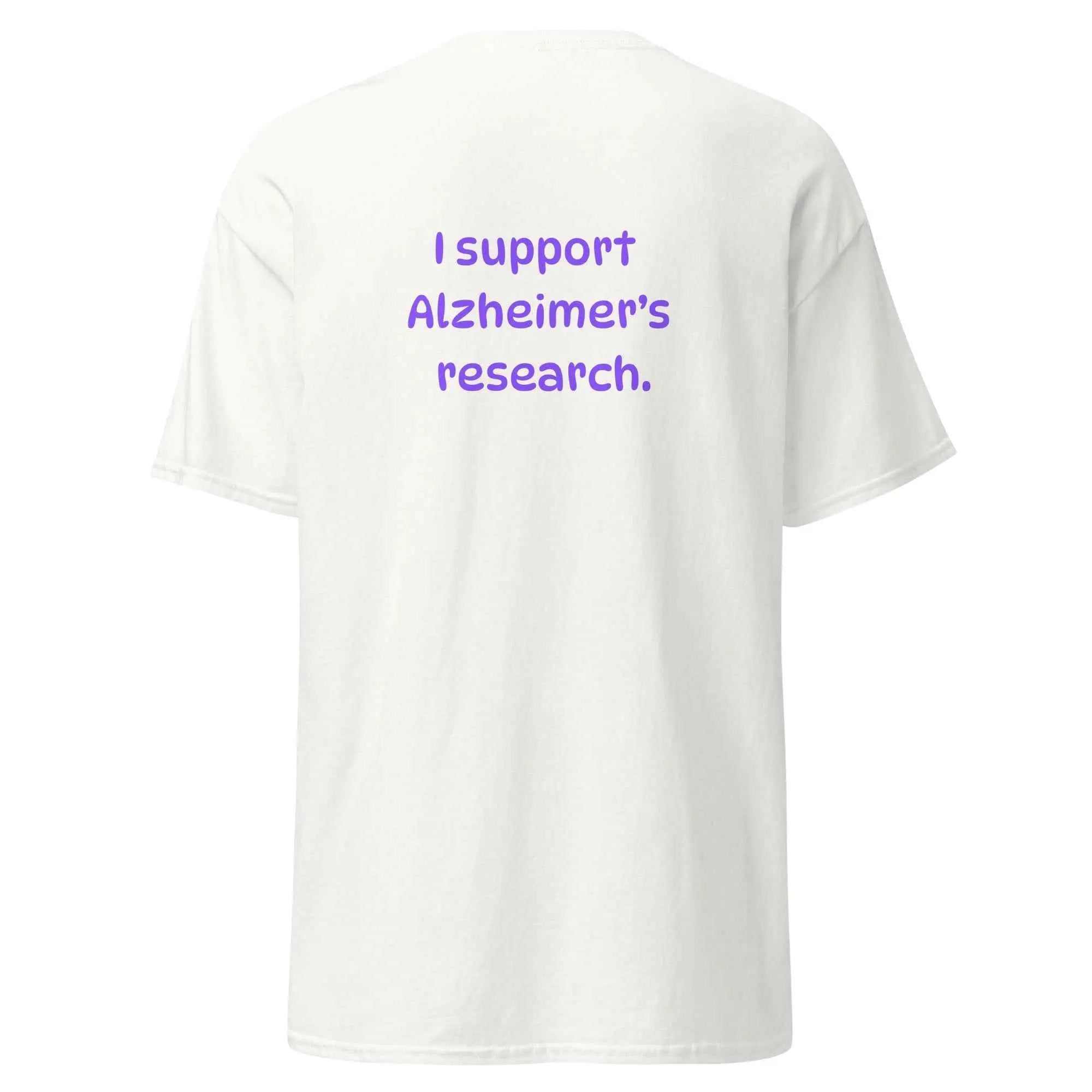 White unisex Alzheimer's Awareness T-shirt from Greg's AZ Store, featuring a simple, clean design on the back.