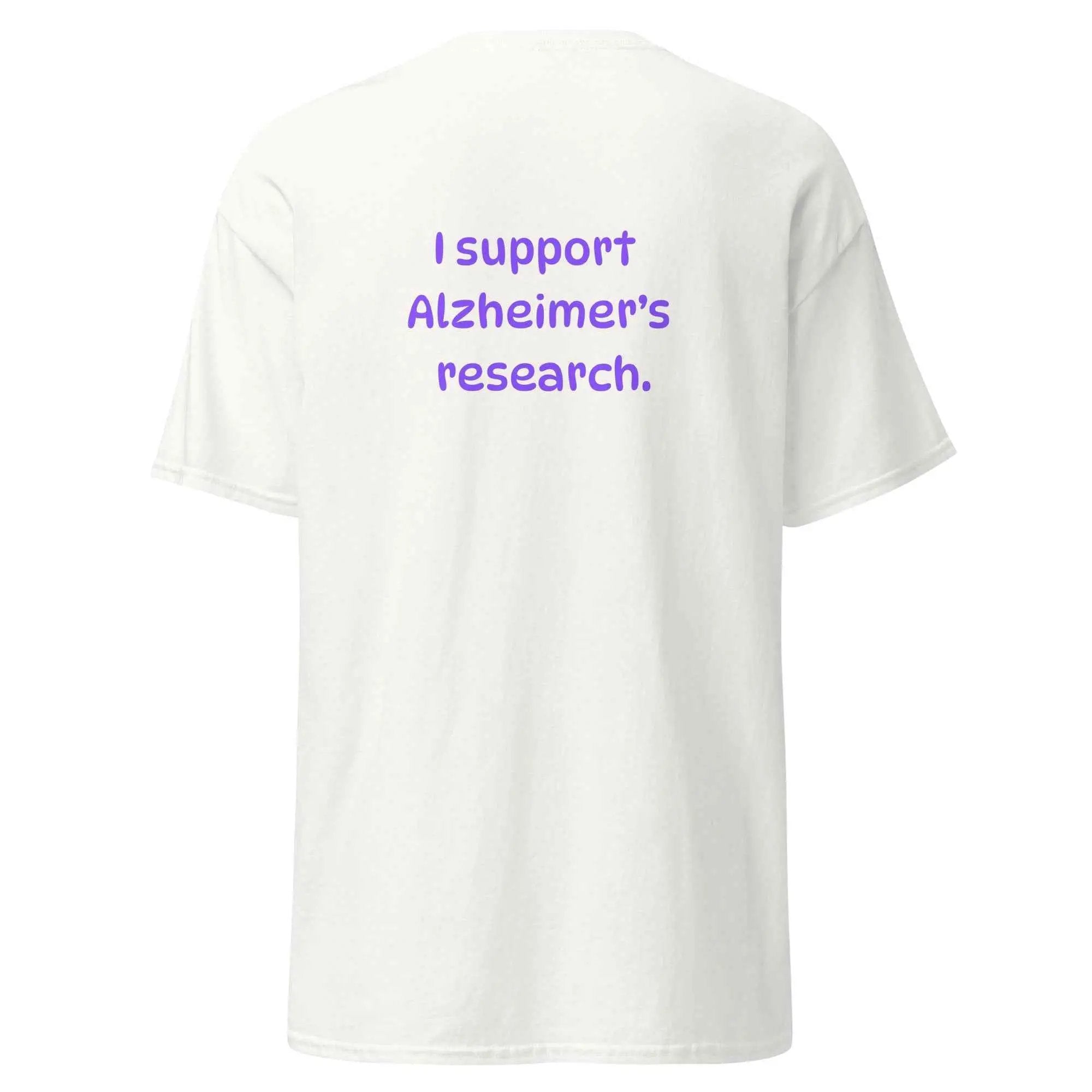White unisex Alzheimer's Awareness T-shirt from Greg's AZ Store, featuring a simple, clean design on the back.