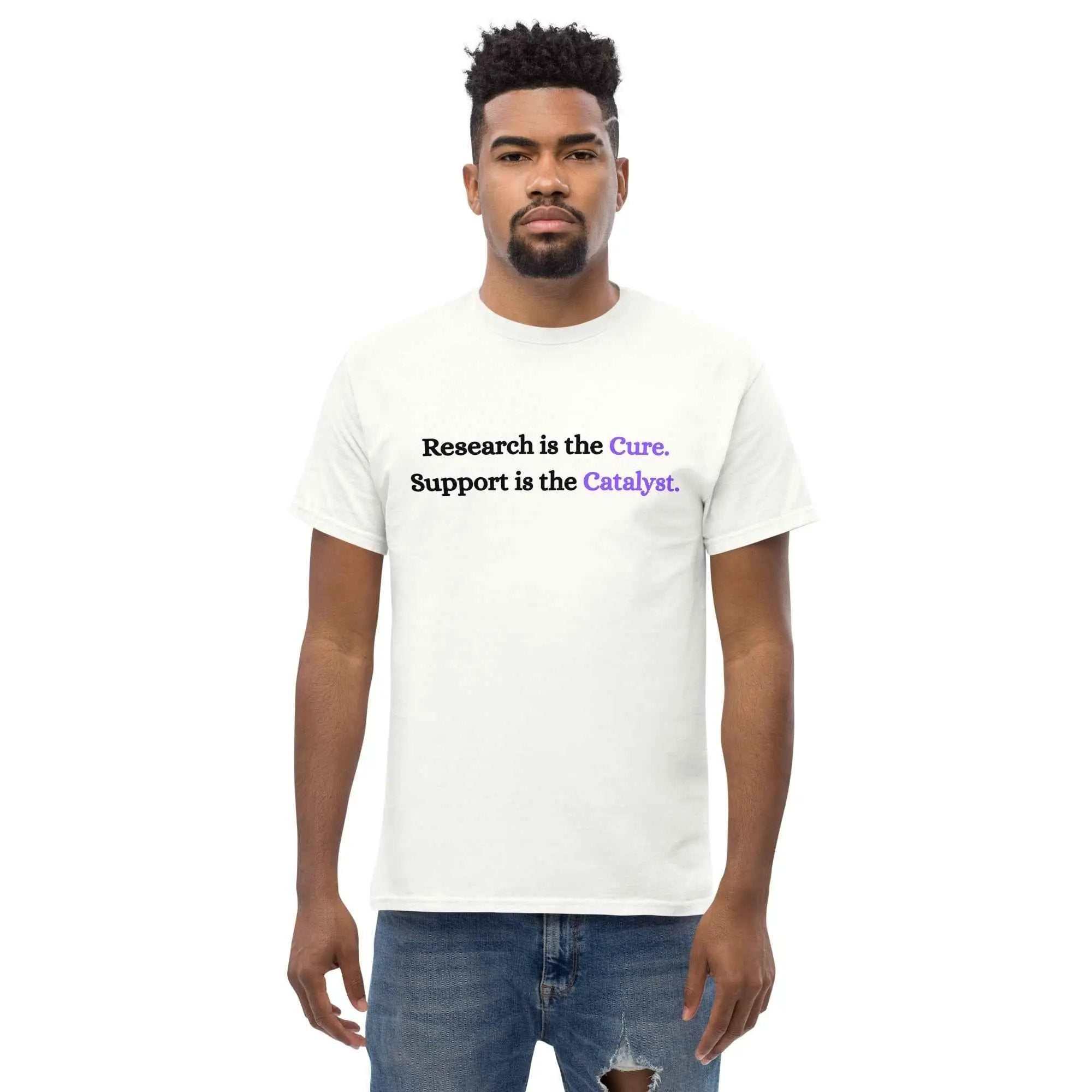 Man wearing white Alzheimer's Awareness Shirt Unisex Classic Tee with text Research is the Cure Support is the Catalyst