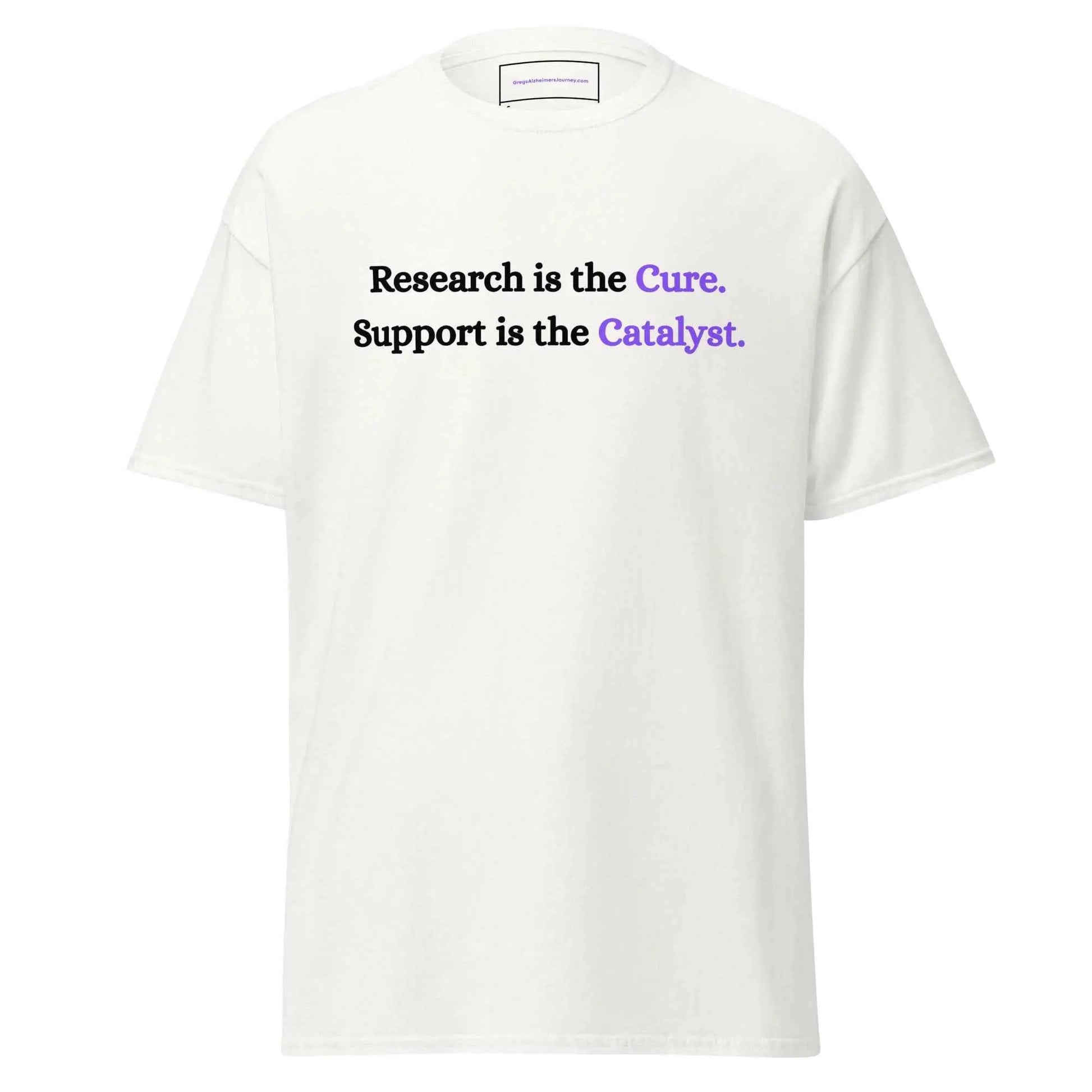 White unisex Alzheimer's Awareness T-shirt by Greg's AZ Store, front view showing awareness ribbon and supportive message.