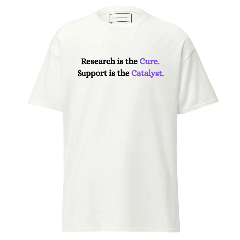 White unisex Alzheimer's Awareness T-shirt by Greg's AZ Store, front view showing awareness ribbon and supportive message.