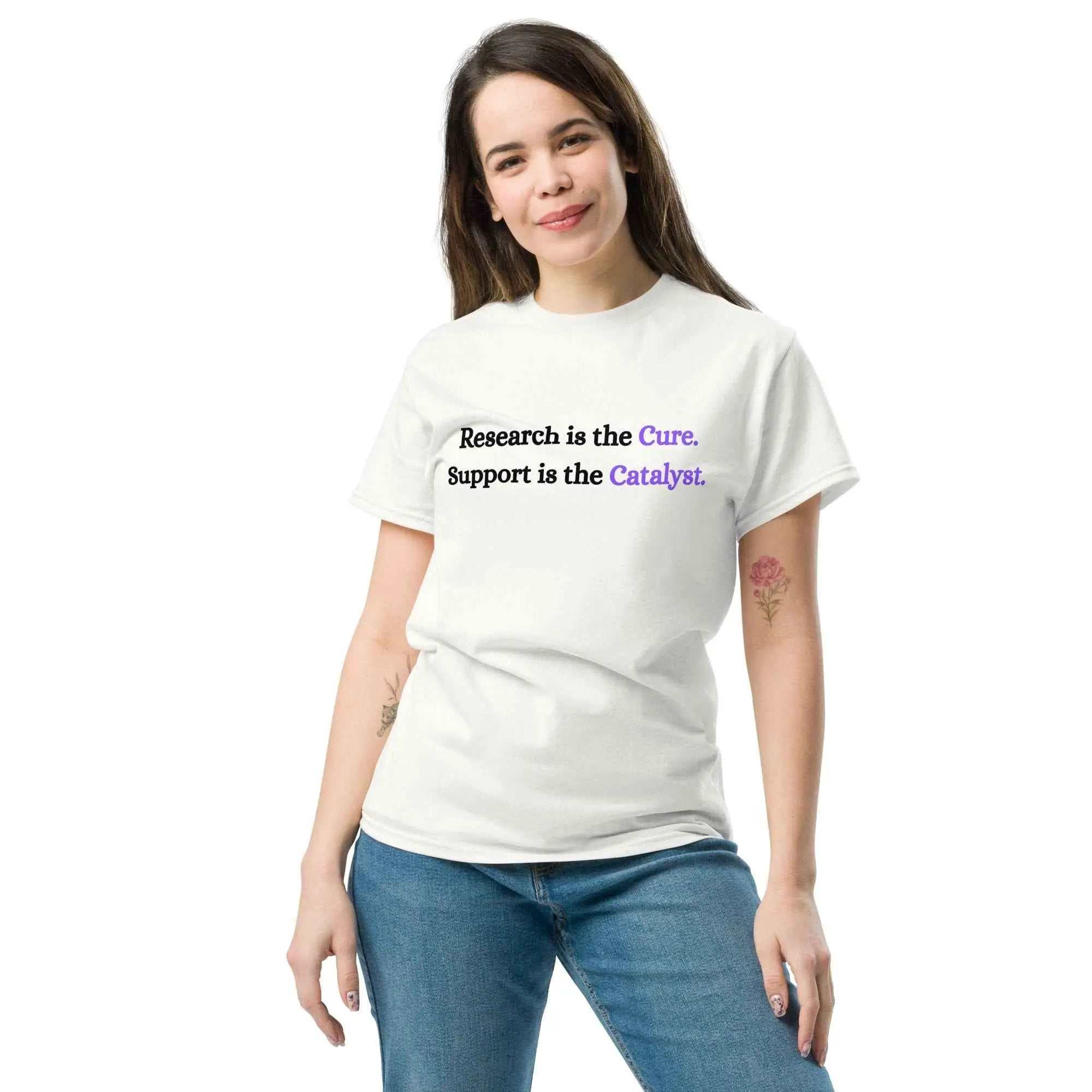 White unisex Alzheimer’s Awareness T-shirt from Greg's AZ Store, front view showing awareness ribbon design.