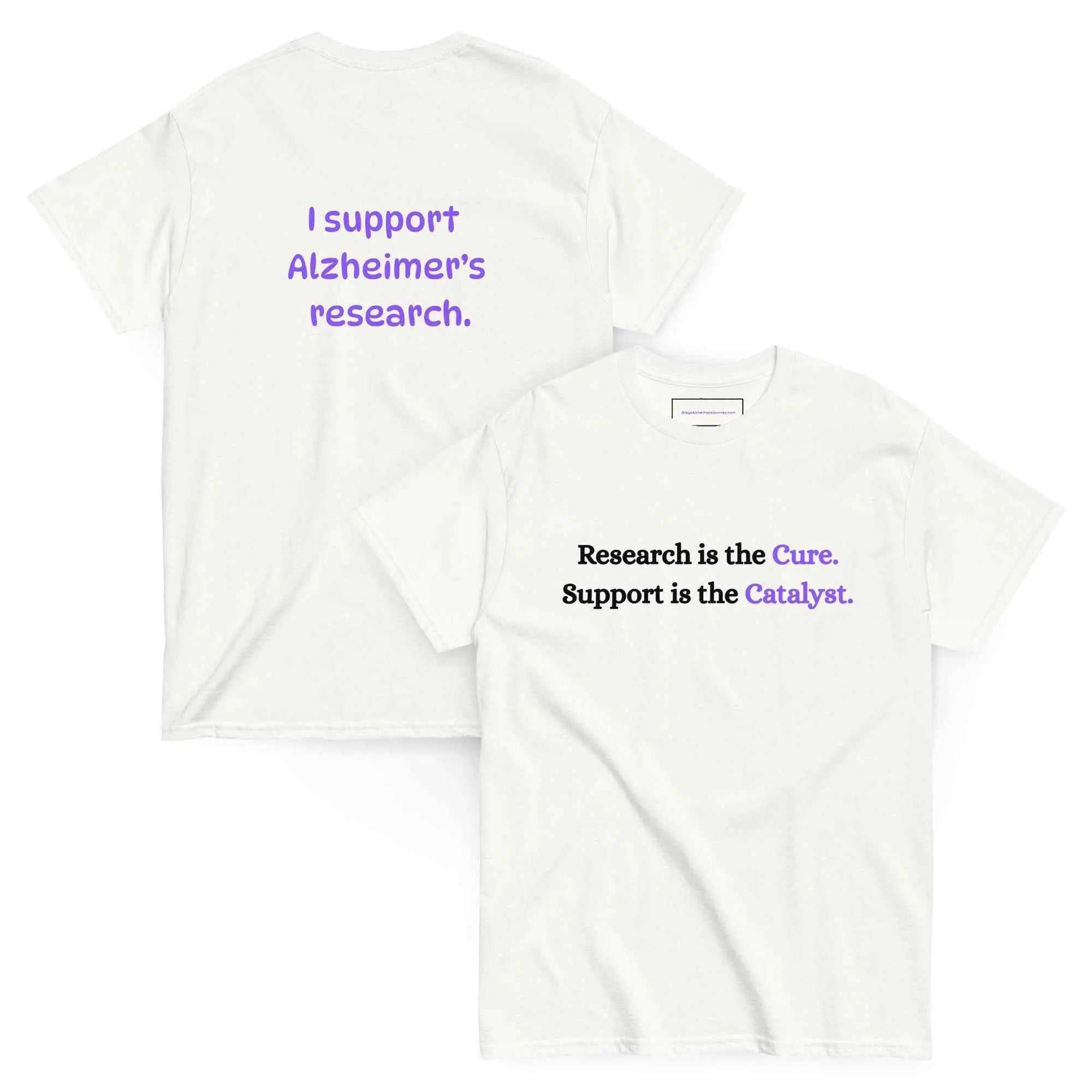 White unisex Alzheimer's Awareness T-shirt from Greg's AZ Store, featuring front and back design for awareness support.
