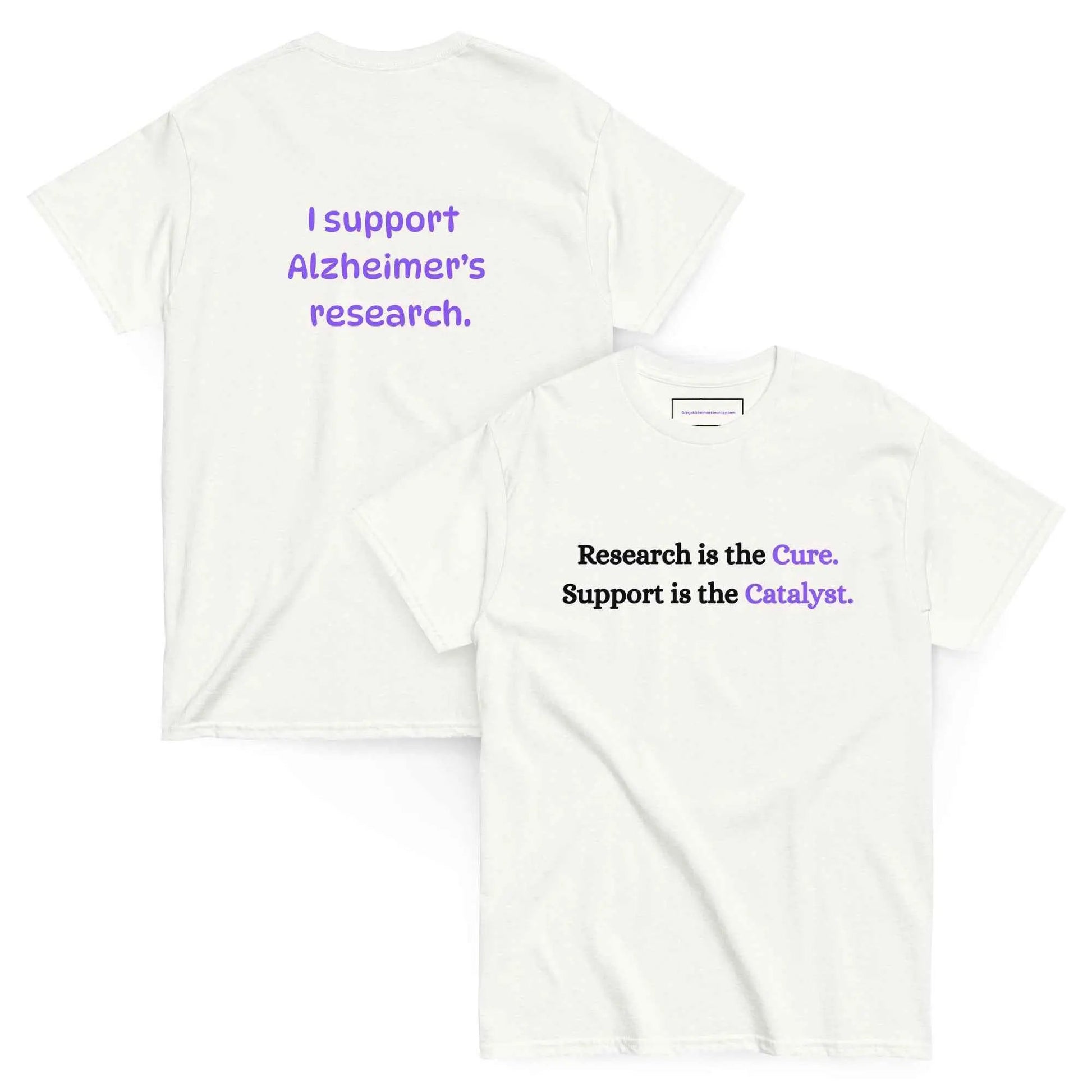 White unisex Alzheimer's Awareness T-shirt from Greg's AZ Store, featuring front and back design for awareness support.