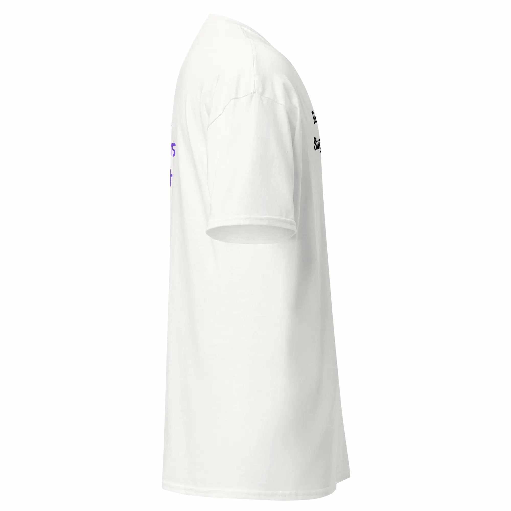 Side view of white Alzheimer's Awareness Shirt Unisex Classic Tee with purple text