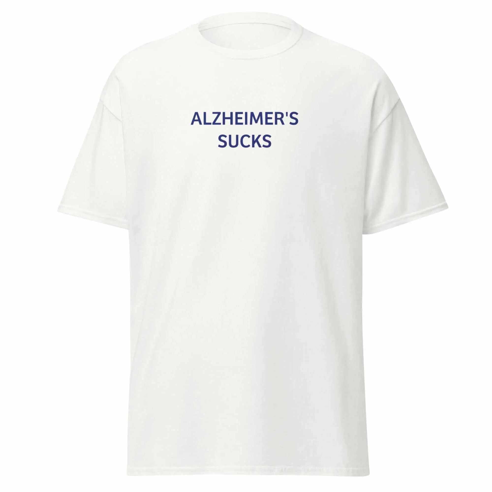 White t-shirt with Alzheimers Sucks text printed in blue on the chest