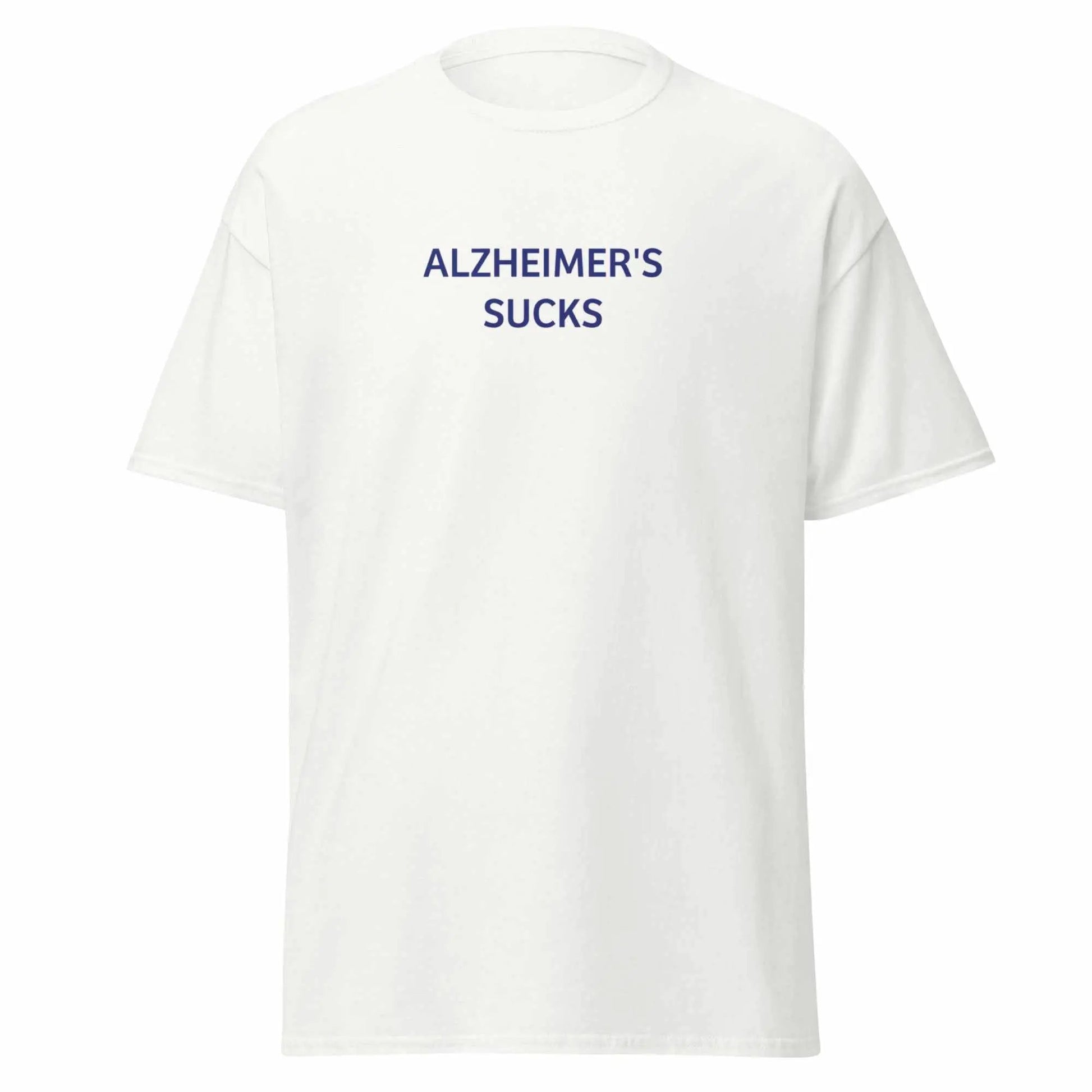 Unisex white T-shirt with "Alzheimer's Sucks" slogan, classic fit, from Greg's AZ Store, casual apparel for awareness.