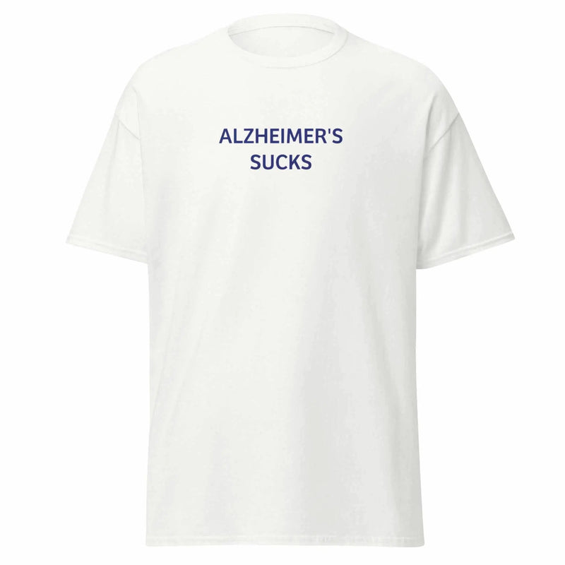 Unisex white T-shirt with "Alzheimer's Sucks" slogan, classic fit, from Greg's AZ Store, casual apparel for awareness.