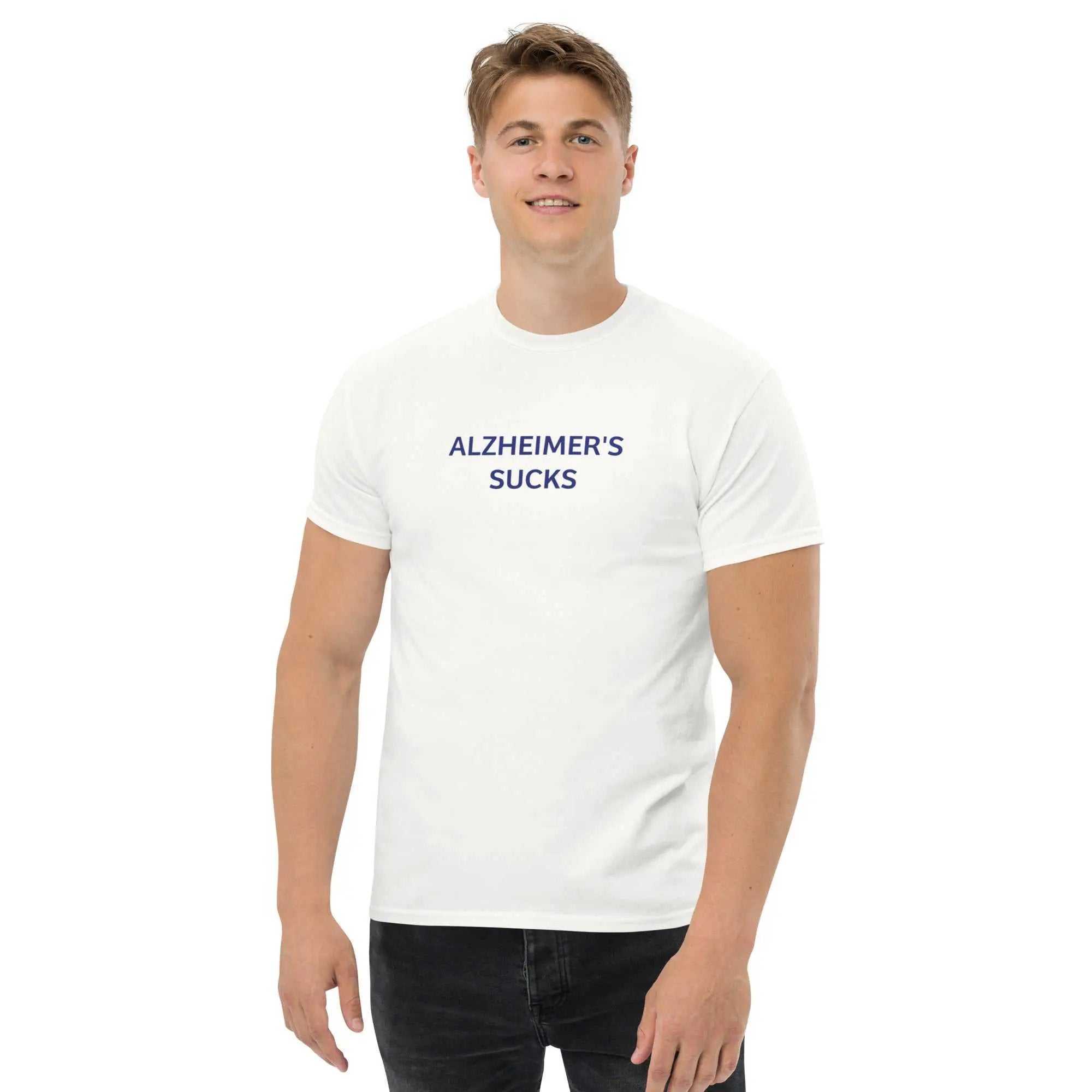 Man wearing a white Alzheimers Sucks T-shirt with blue text