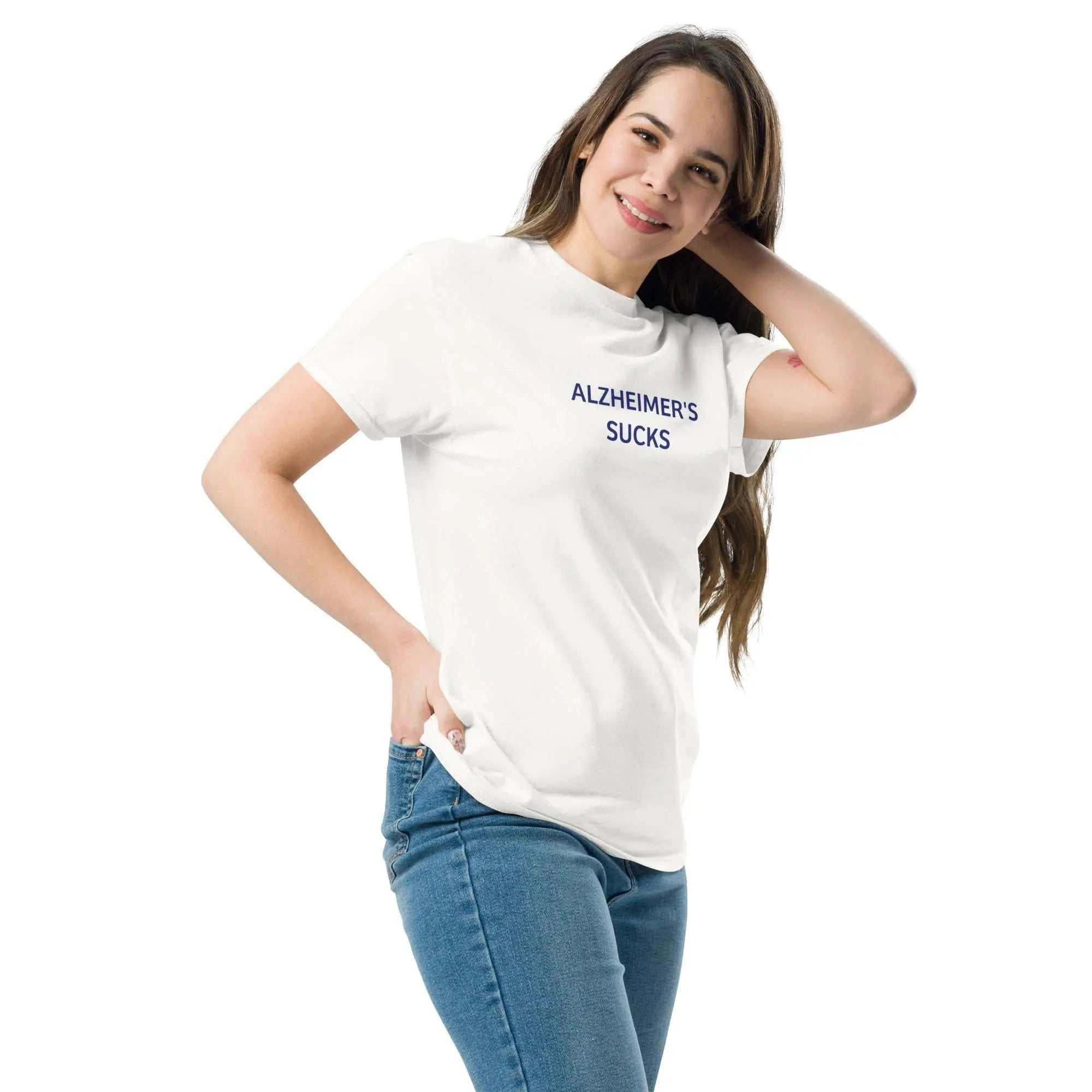 Woman wearing a white Alzheimers Sucks T-shirt with blue text