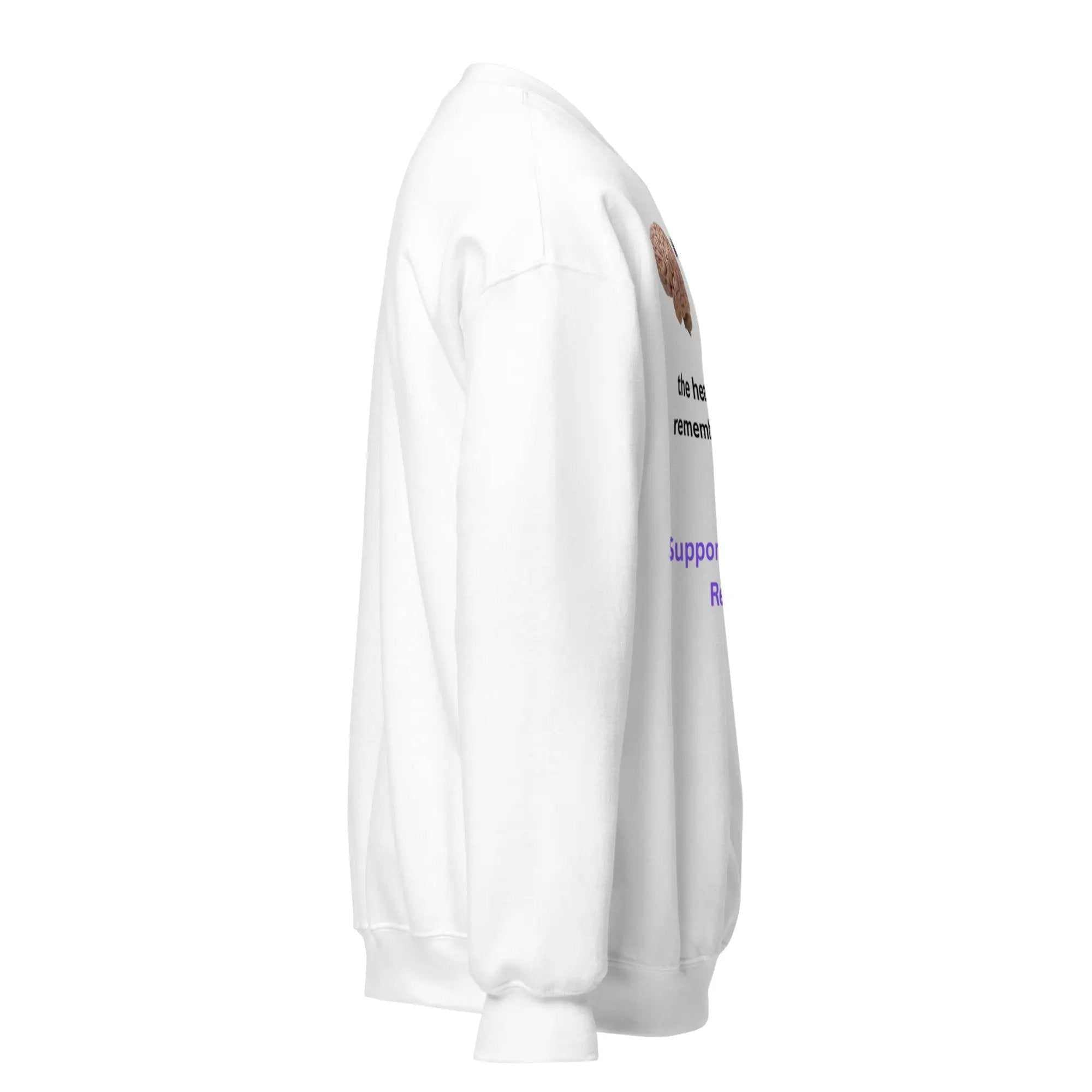 Side view of white When the brain forgets sweatshirt with brain graphic and text