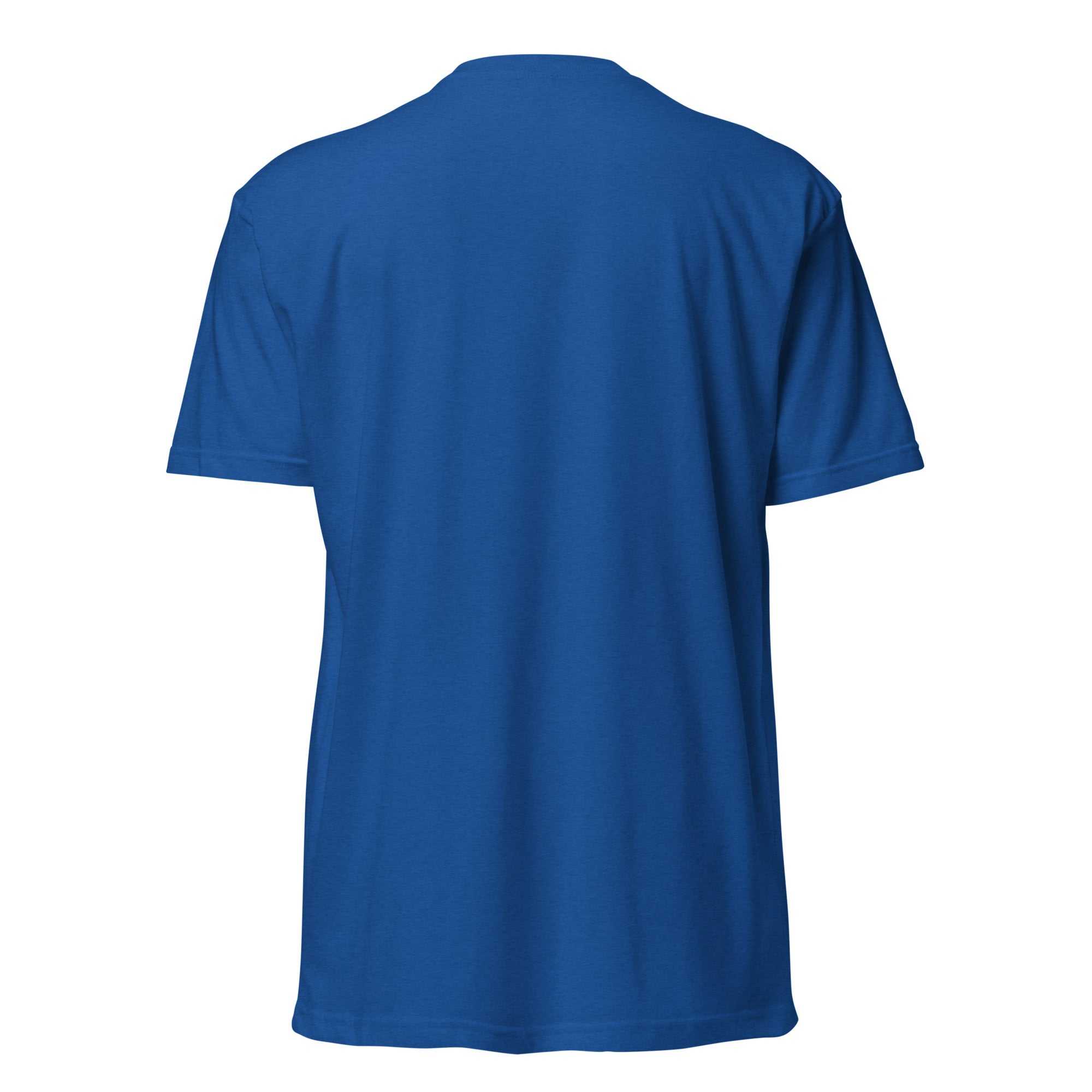 Back view of a blue unisex fitted t-shirt