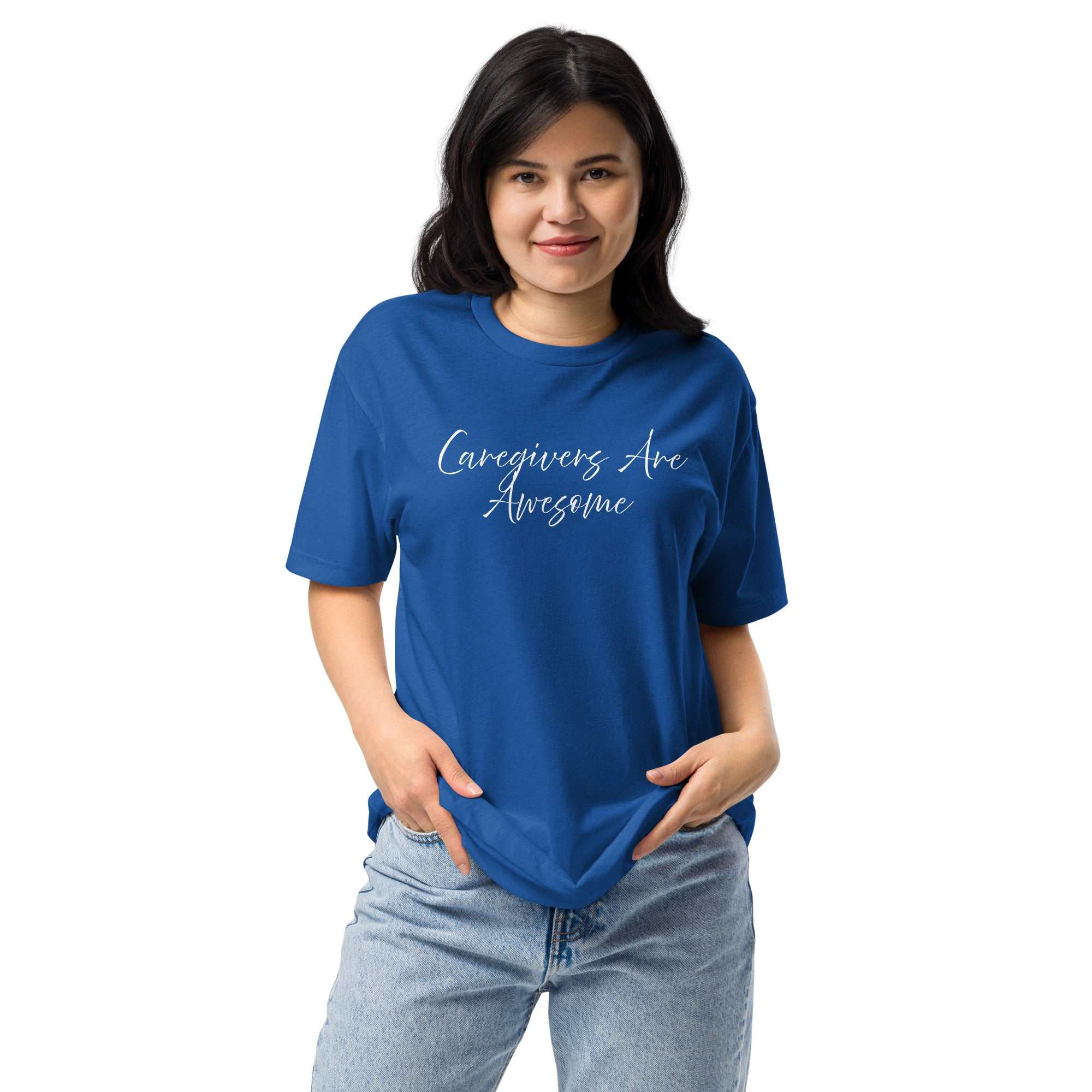 Person wearing a blue unisex fitted t-shirt with white Caregivers Are Awesome text graphic