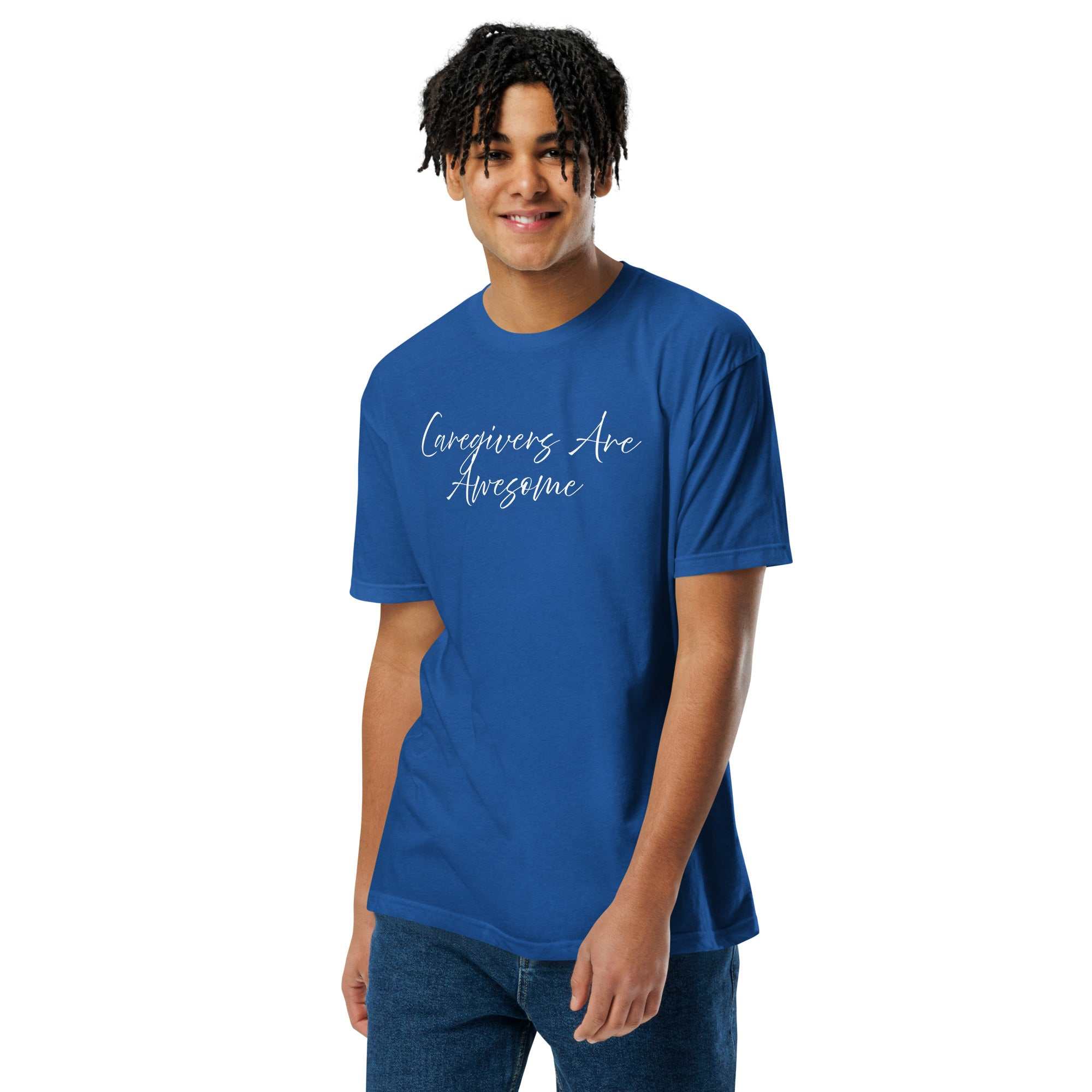 Person wearing a blue unisex fitted t-shirt with white Caregivers Are Awesome text graphic