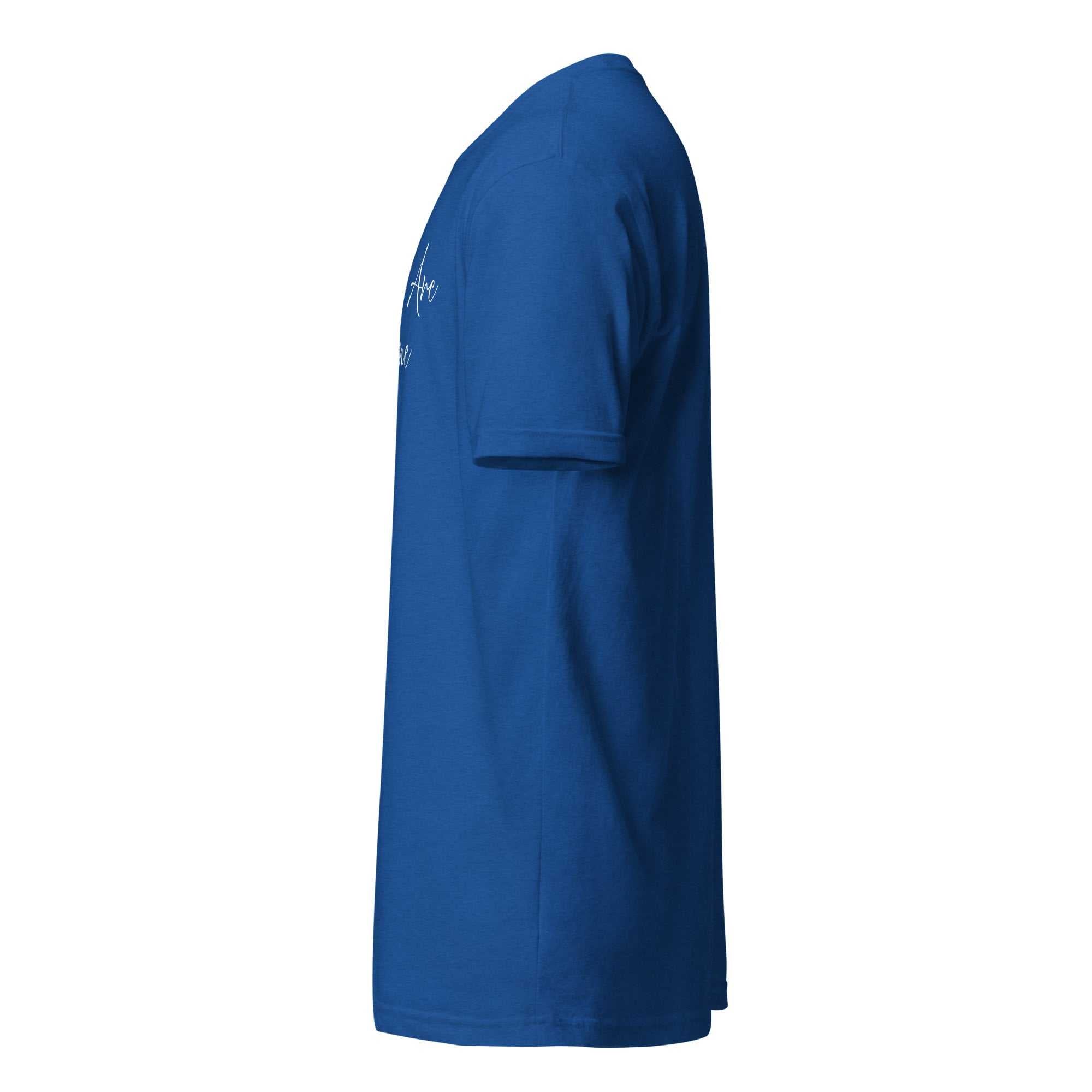 Side view of blue unisex fitted t-shirt with white Caregivers Are Awesome graphic