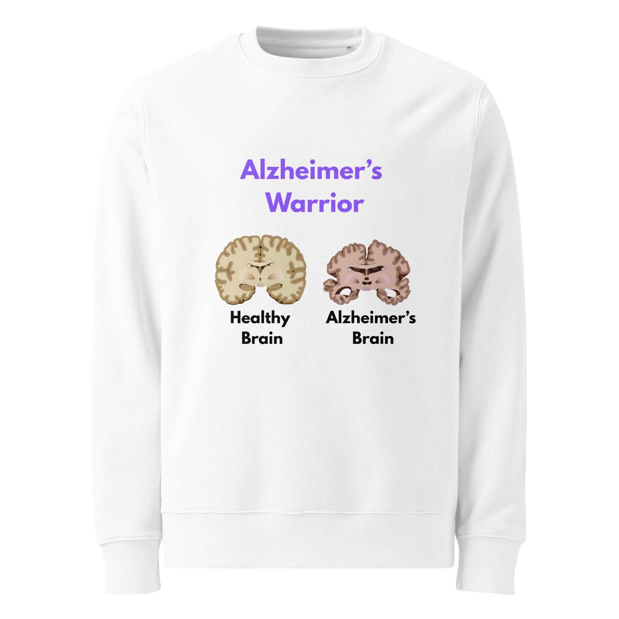 Unisex organic cotton sweatshirt with Alzheimer's Warrior text and healthy versus Alzheimer's brain illustrations