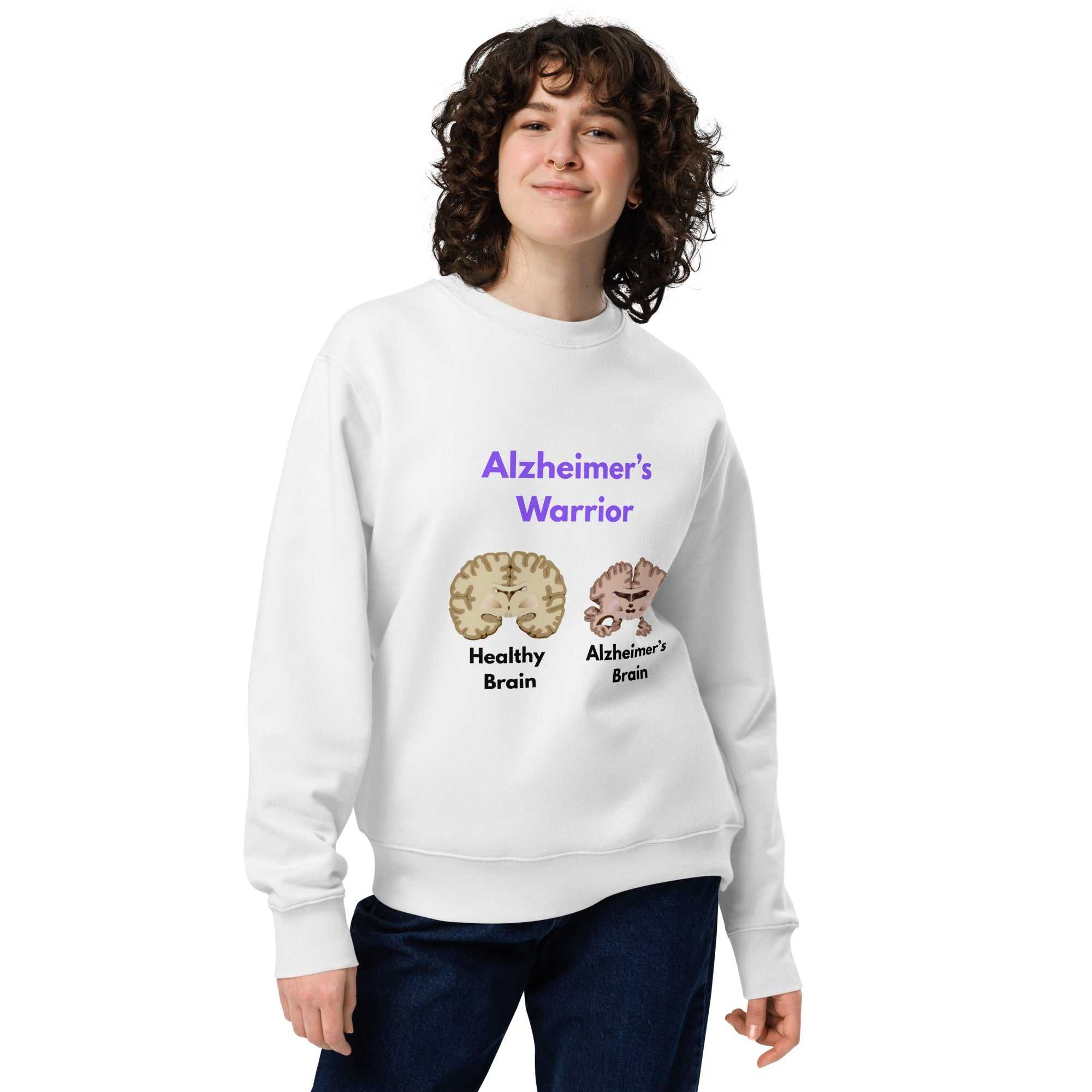 Unisex organic cotton sweatshirt for Alzheimer's warriors, featuring a comfortable fit and eco-friendly fabric by Greg's AZ Store.