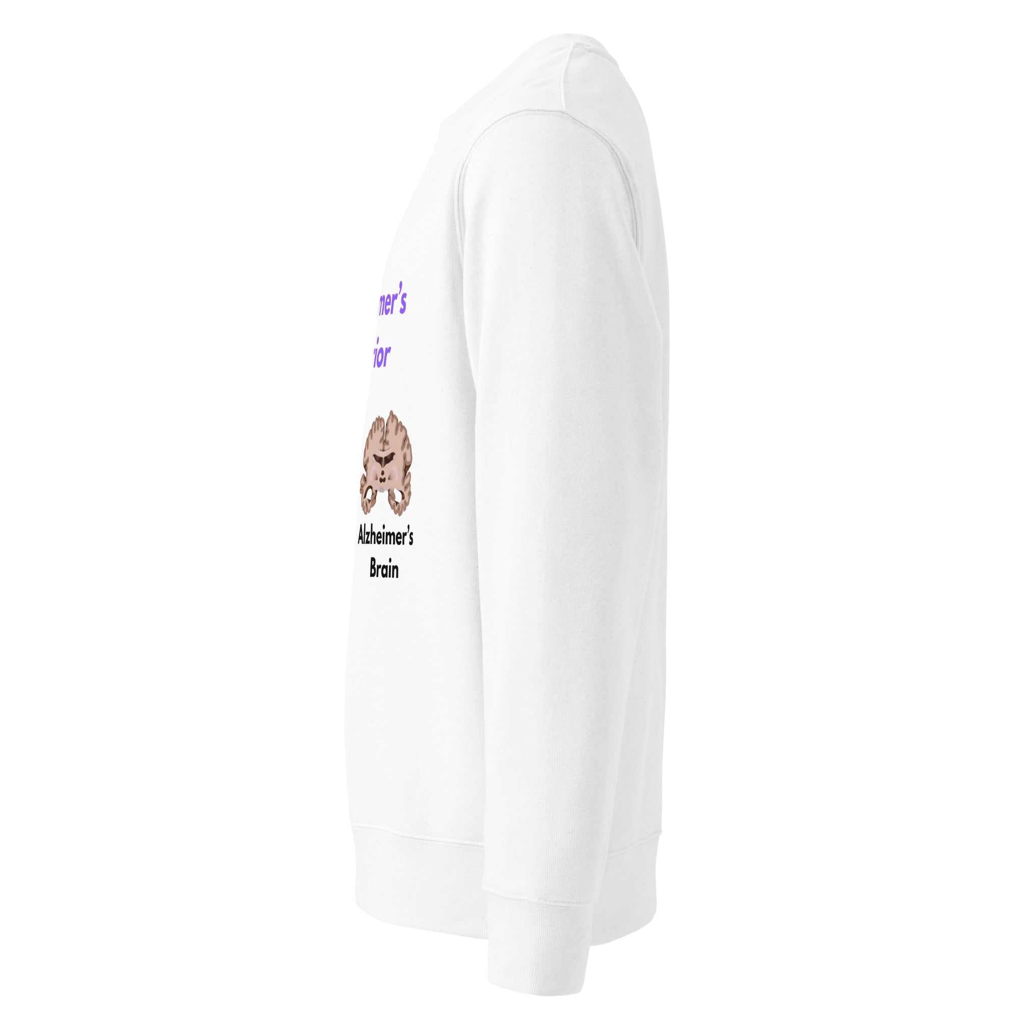 Side view of white organic cotton sweatshirt with Alzheimer's Warrior text and brain graphic