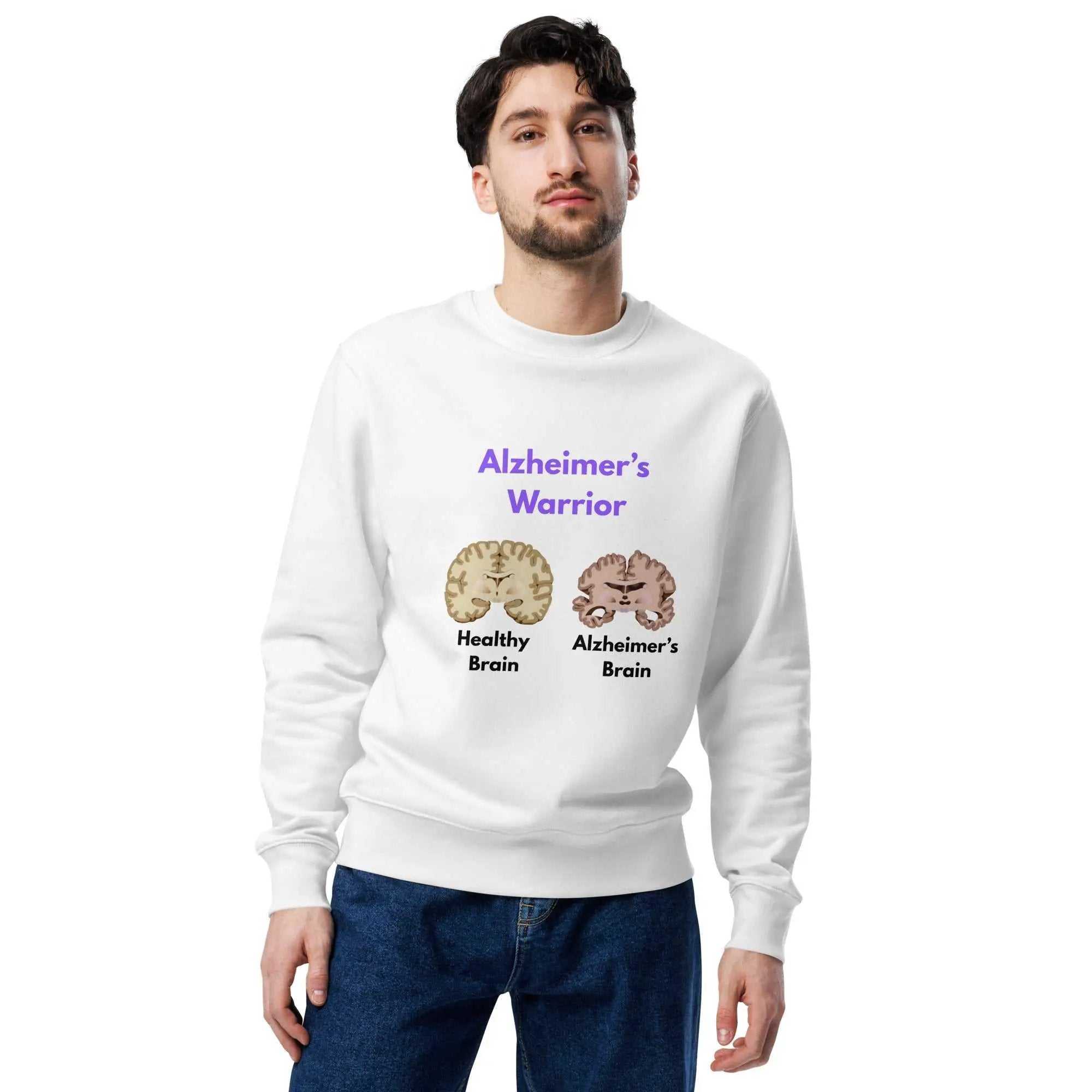 Man wearing white Unisex Organic Cotton Sweatshirt with Alzheimer's Warrior graphic showing healthy and diseased brains