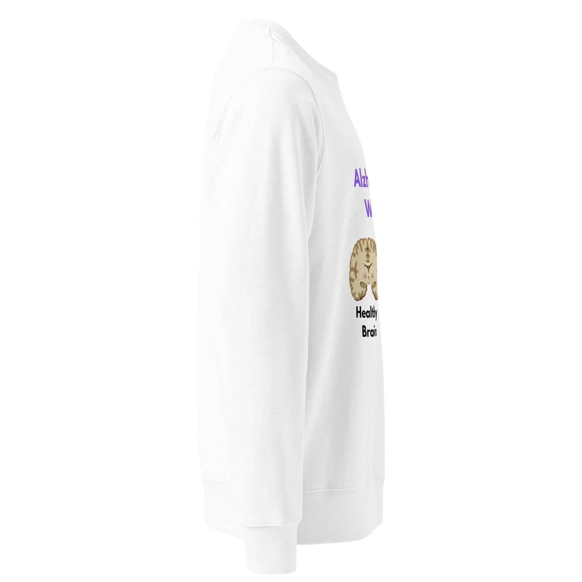 Side view of white Unisex Organic Cotton Sweatshirt with Alzheimer Warrior brain graphic