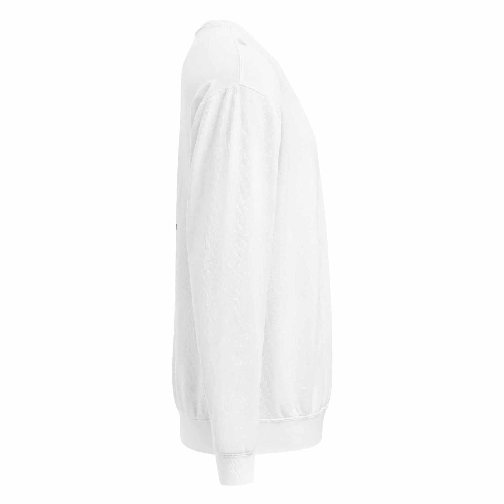 Side view of white Unisex Comfort garment-dyed fleece crewneck sweatshirt