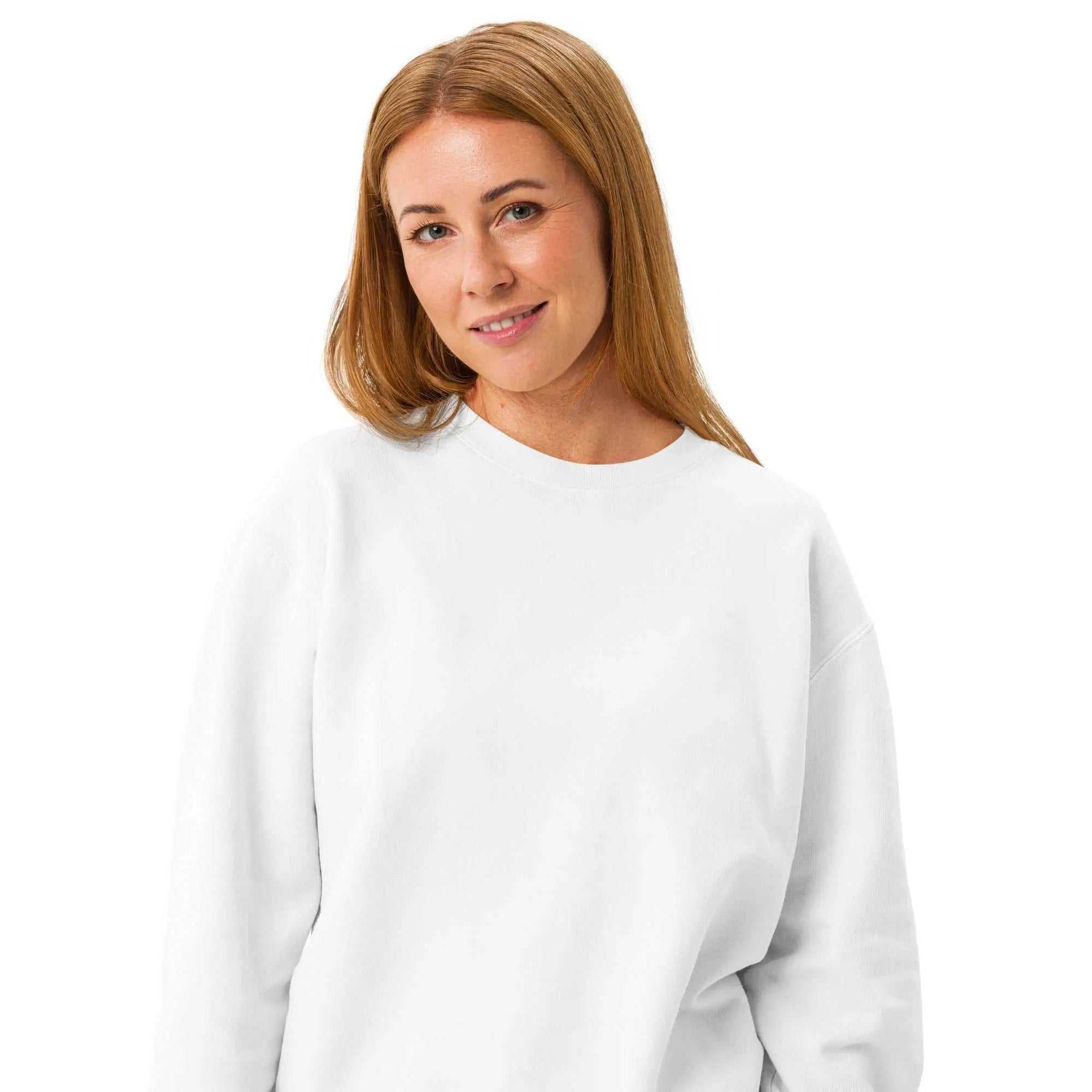 Woman wearing a white garment-dyed fleece crewneck sweatshirt