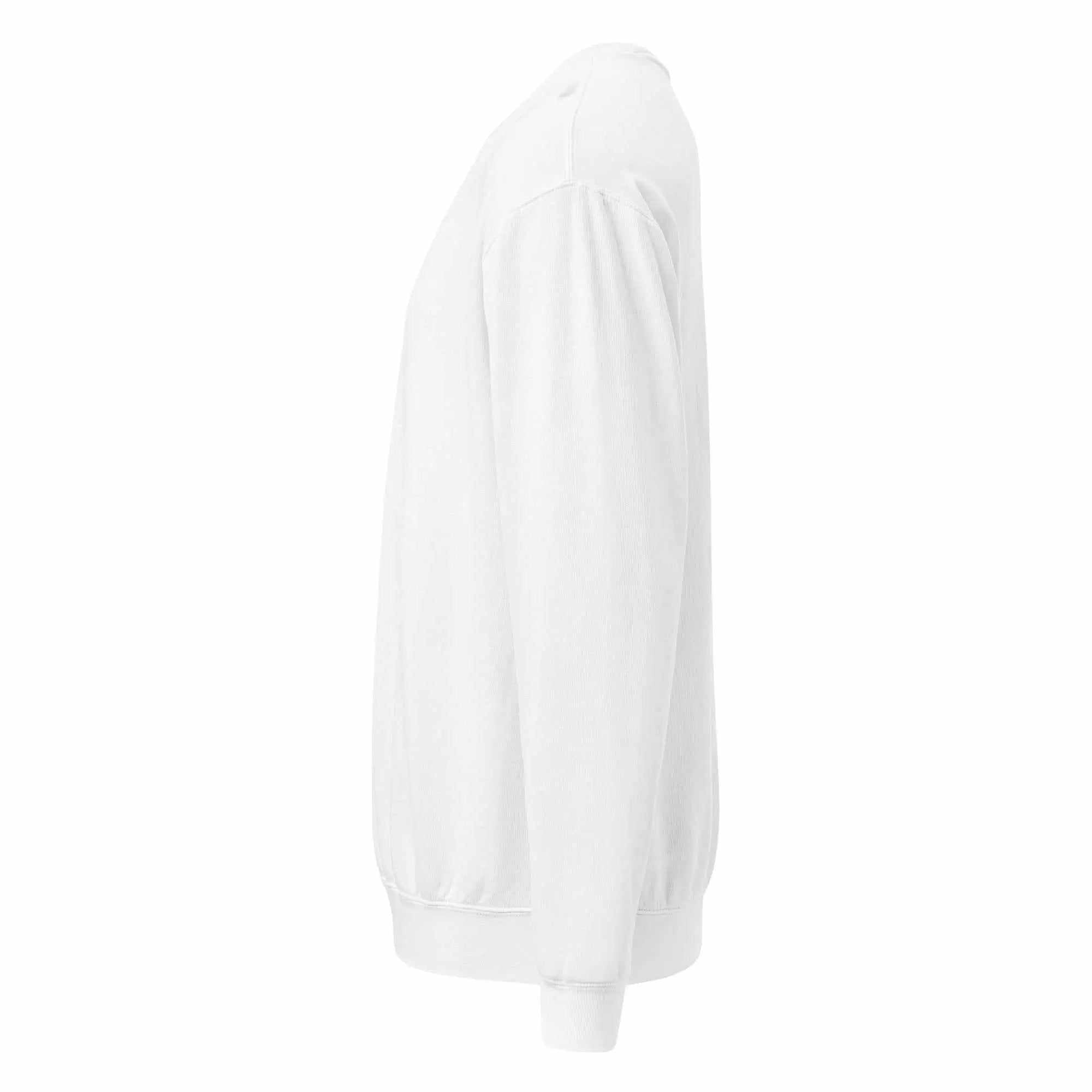 Side profile of white garment dyed fleece crewneck sweatshirt
