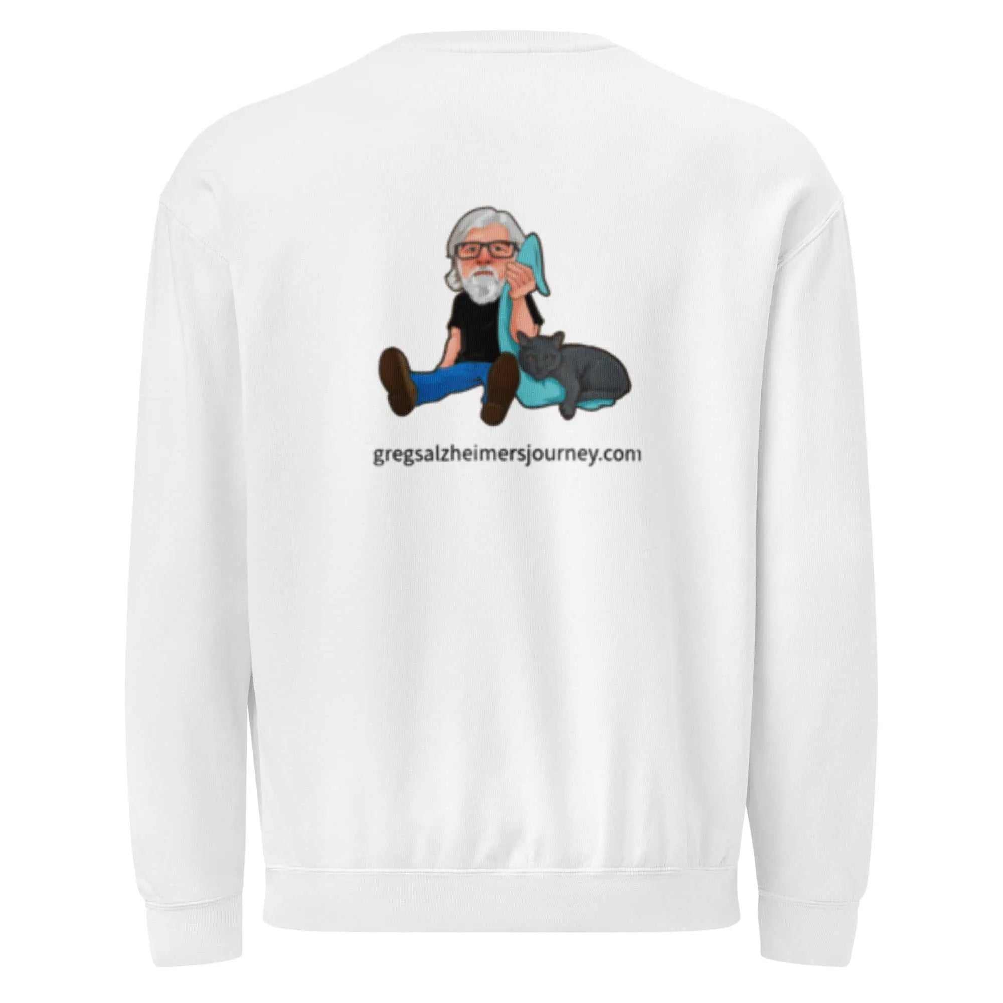 White crewneck sweatshirt with cartoon graphic of man and cat on back