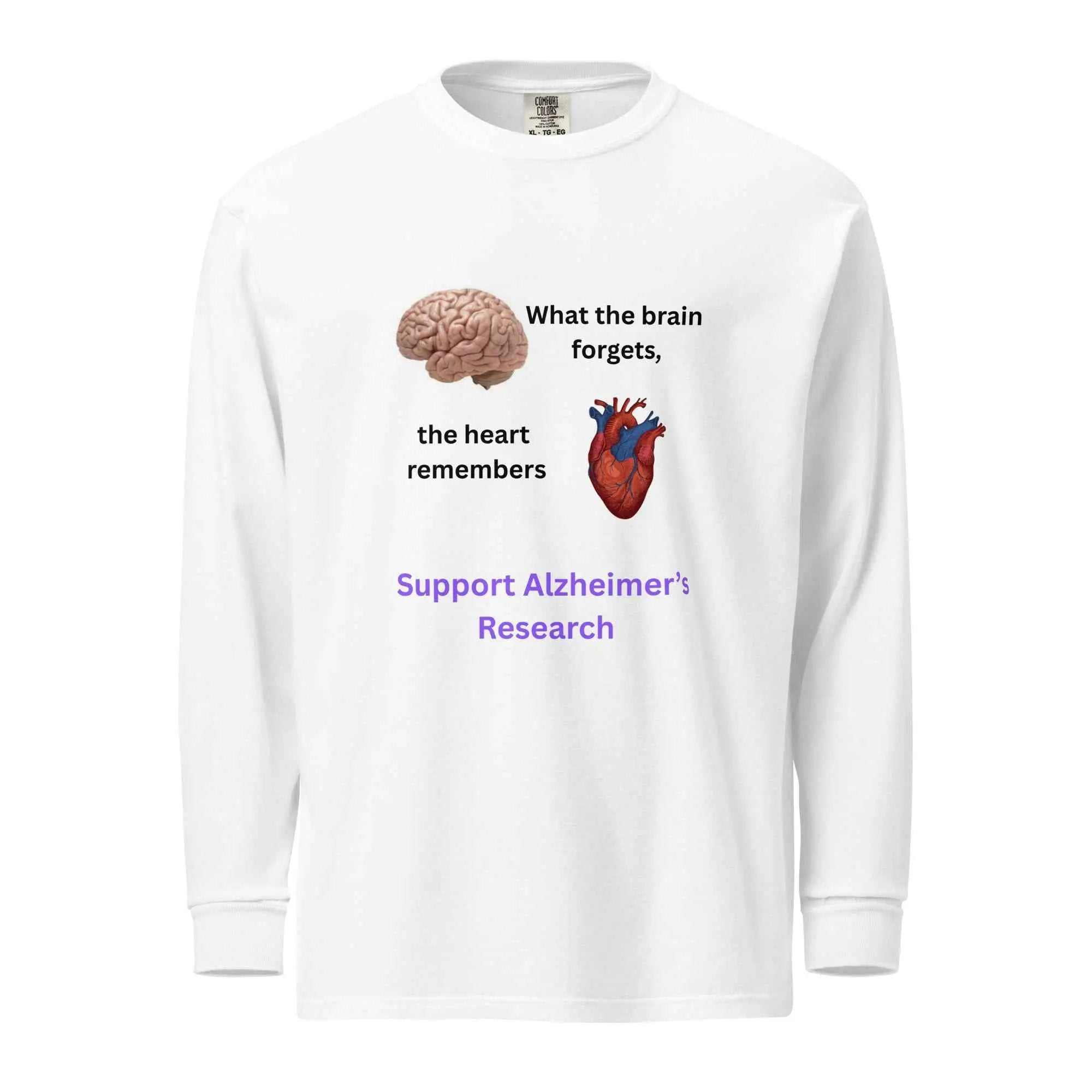 White long-sleeve shirt with brain and heart graphics and text about supporting Alzheimer research