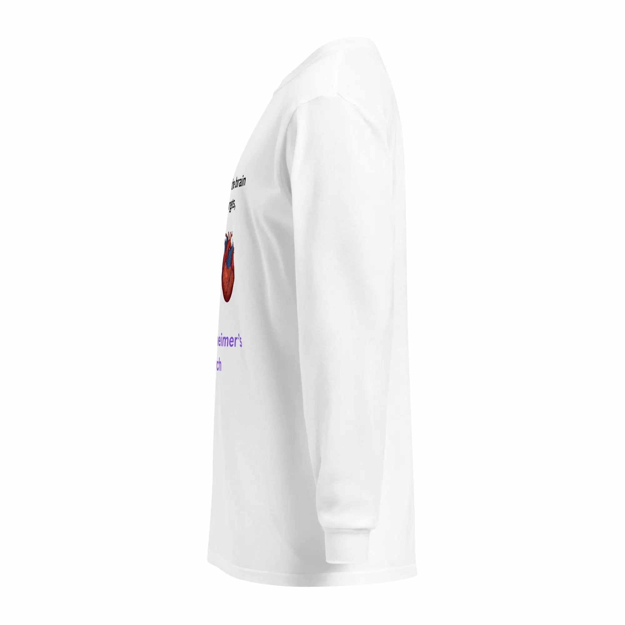 Side view of white When the Brain Forgets the Heart Remembers long sleeve shirt with anatomical heart graphic