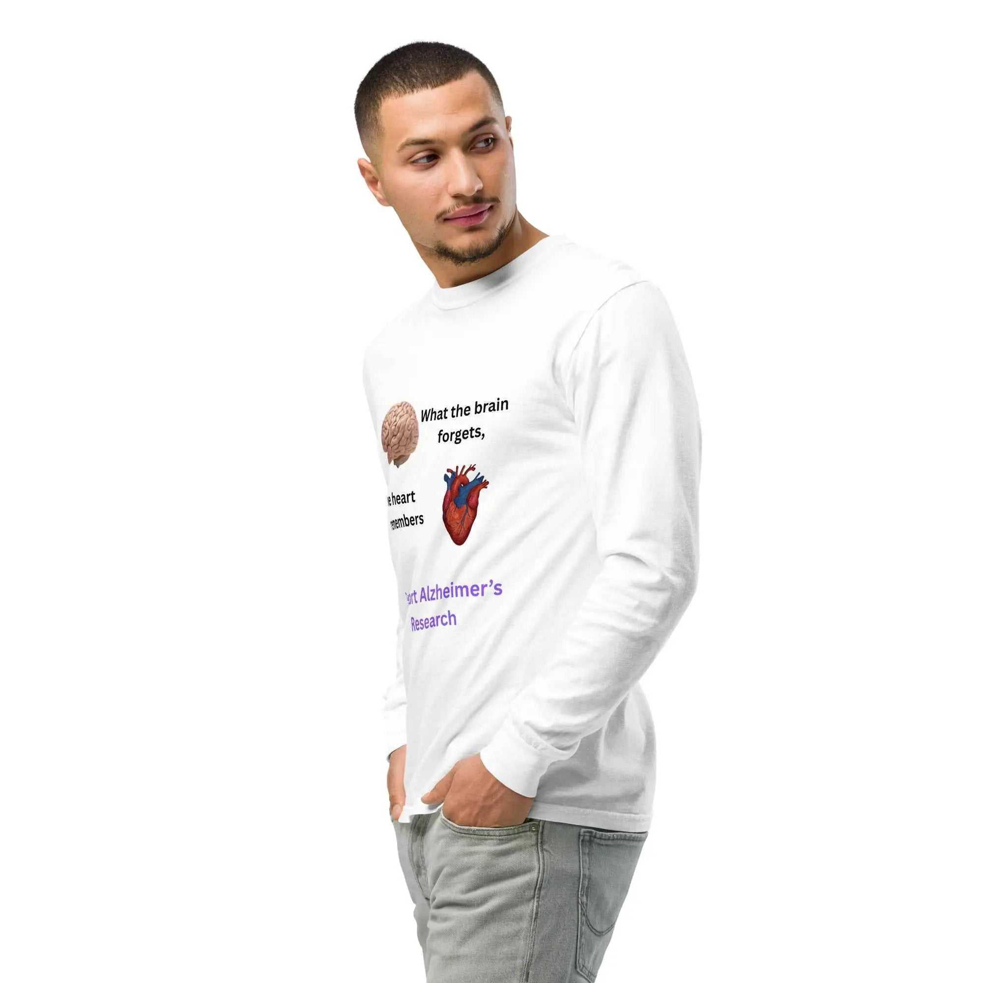 Man wearing white long-sleeve shirt with brain and heart graphic and text about Alzheimer's research