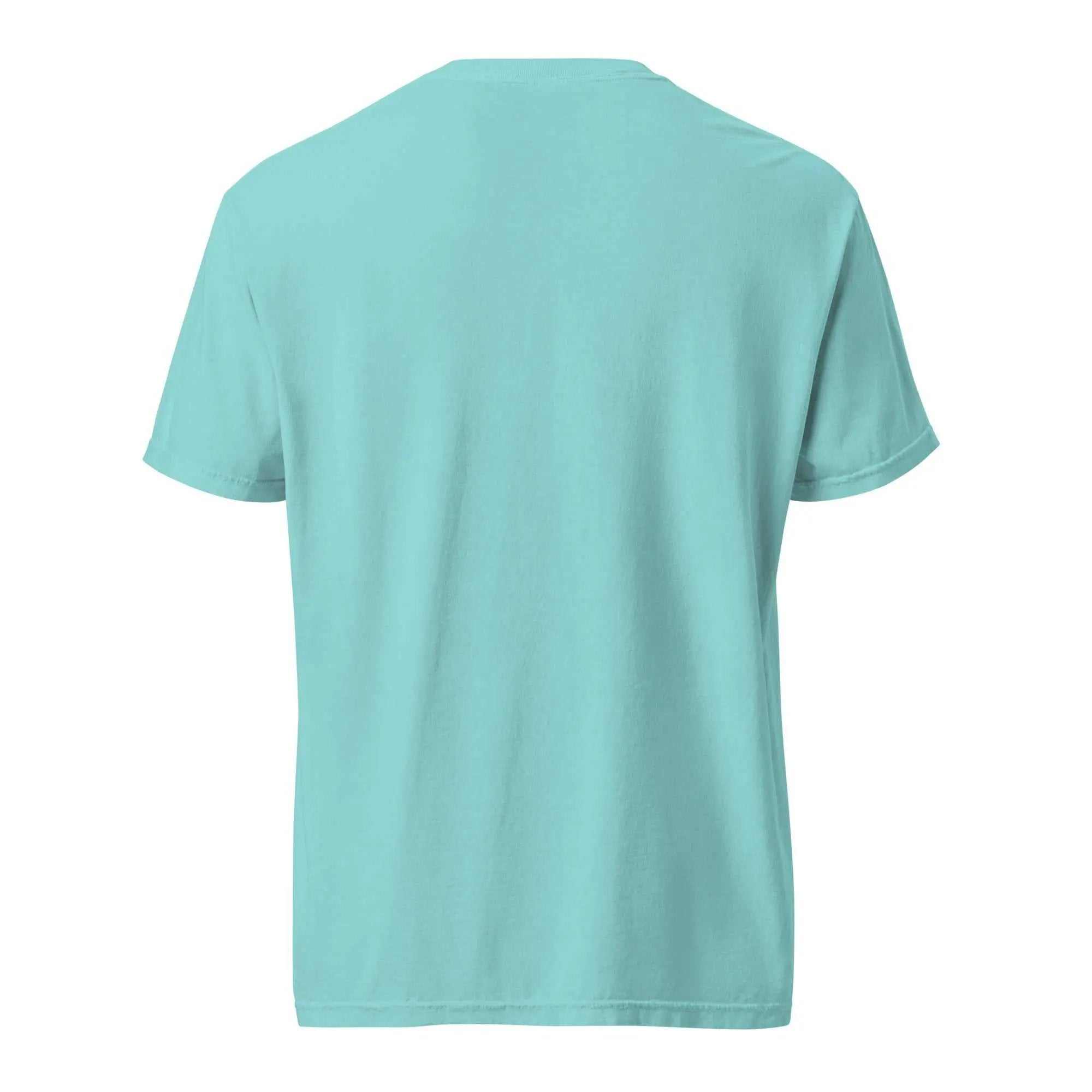 Unisex lagoon blue heavyweight garment-dyed T-shirt by Greg's AZ Store for Alzheimer's awareness with back design.