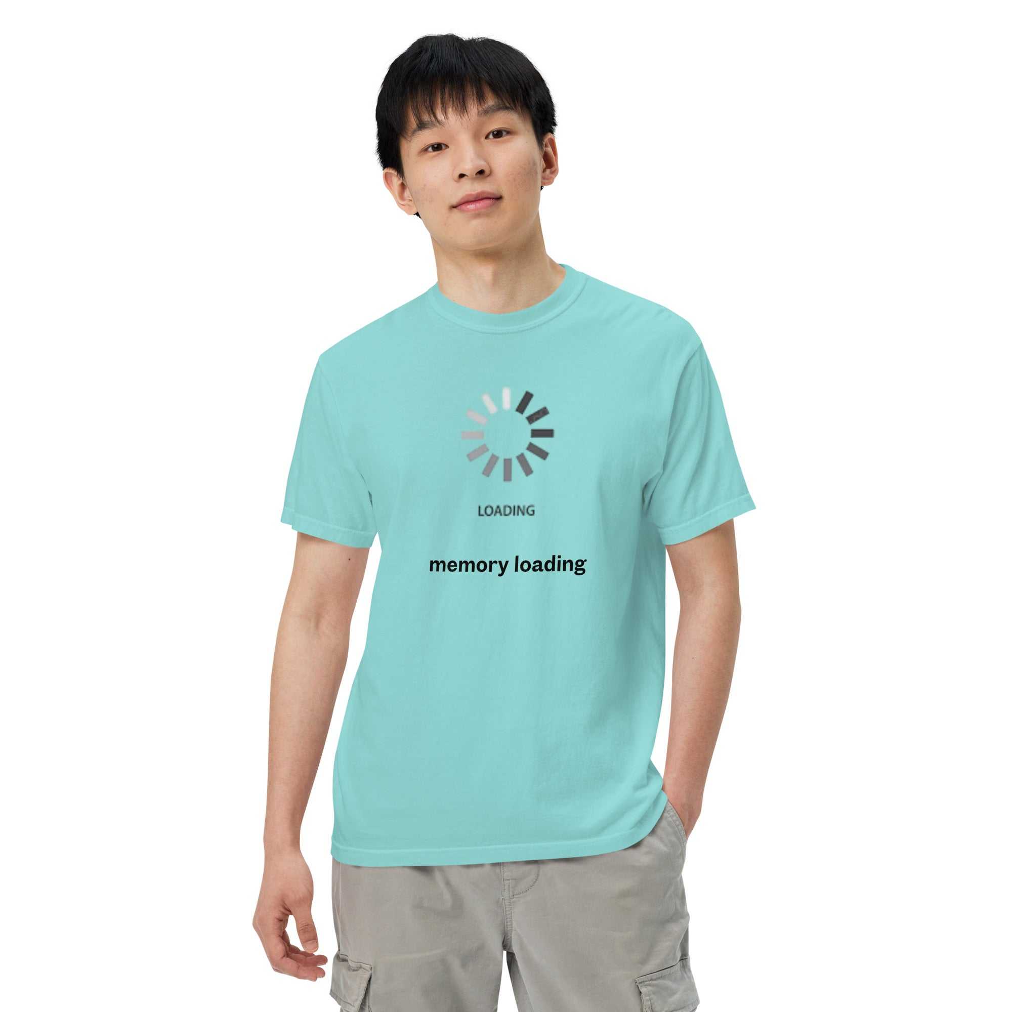 Unisex garment-dyed lagoon blue heavyweight T-shirt for Alzheimer's awareness by Greg's AZ Store, front view.