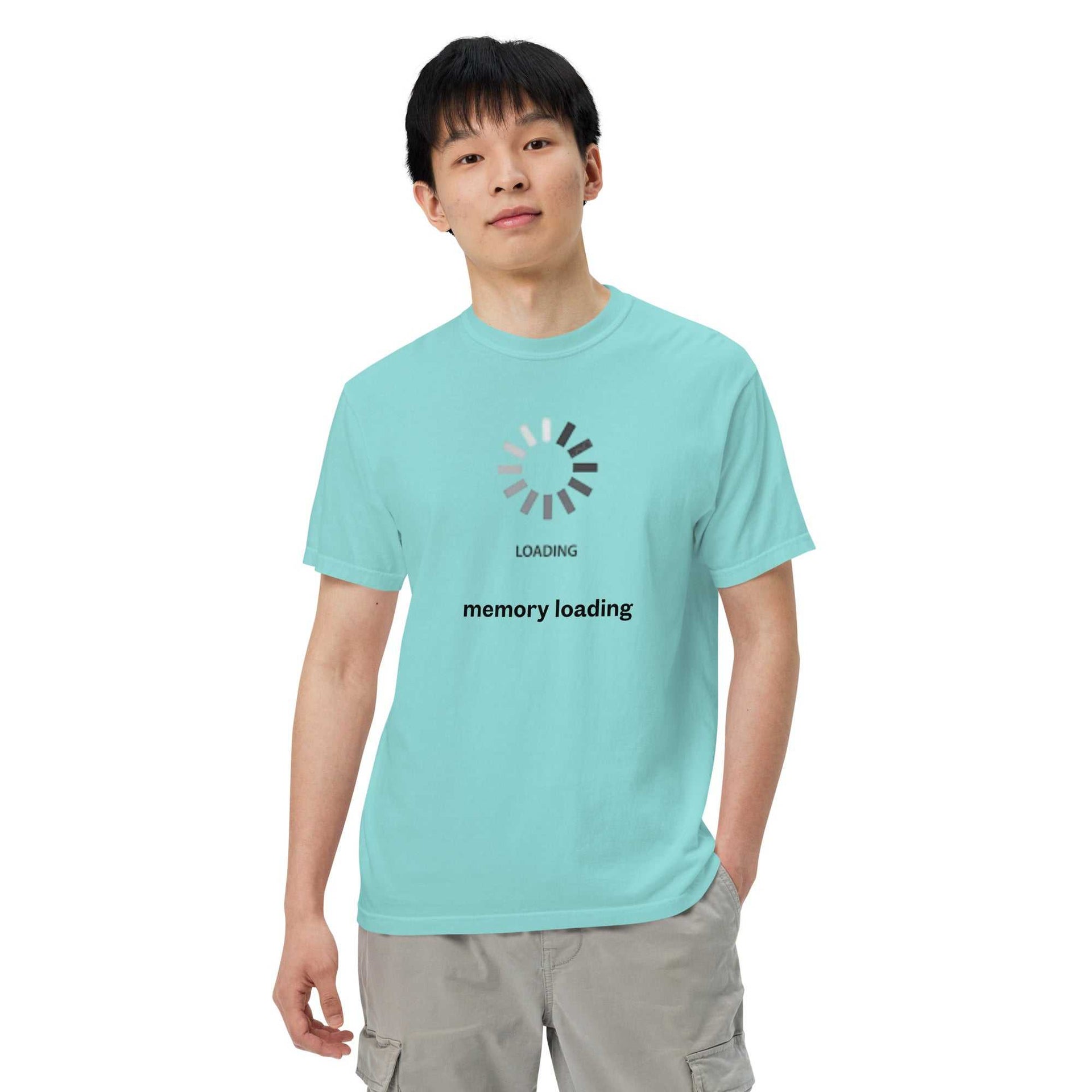 Unisex garment-dyed lagoon blue heavyweight T-shirt for Alzheimer's awareness by Greg's AZ Store, front view.