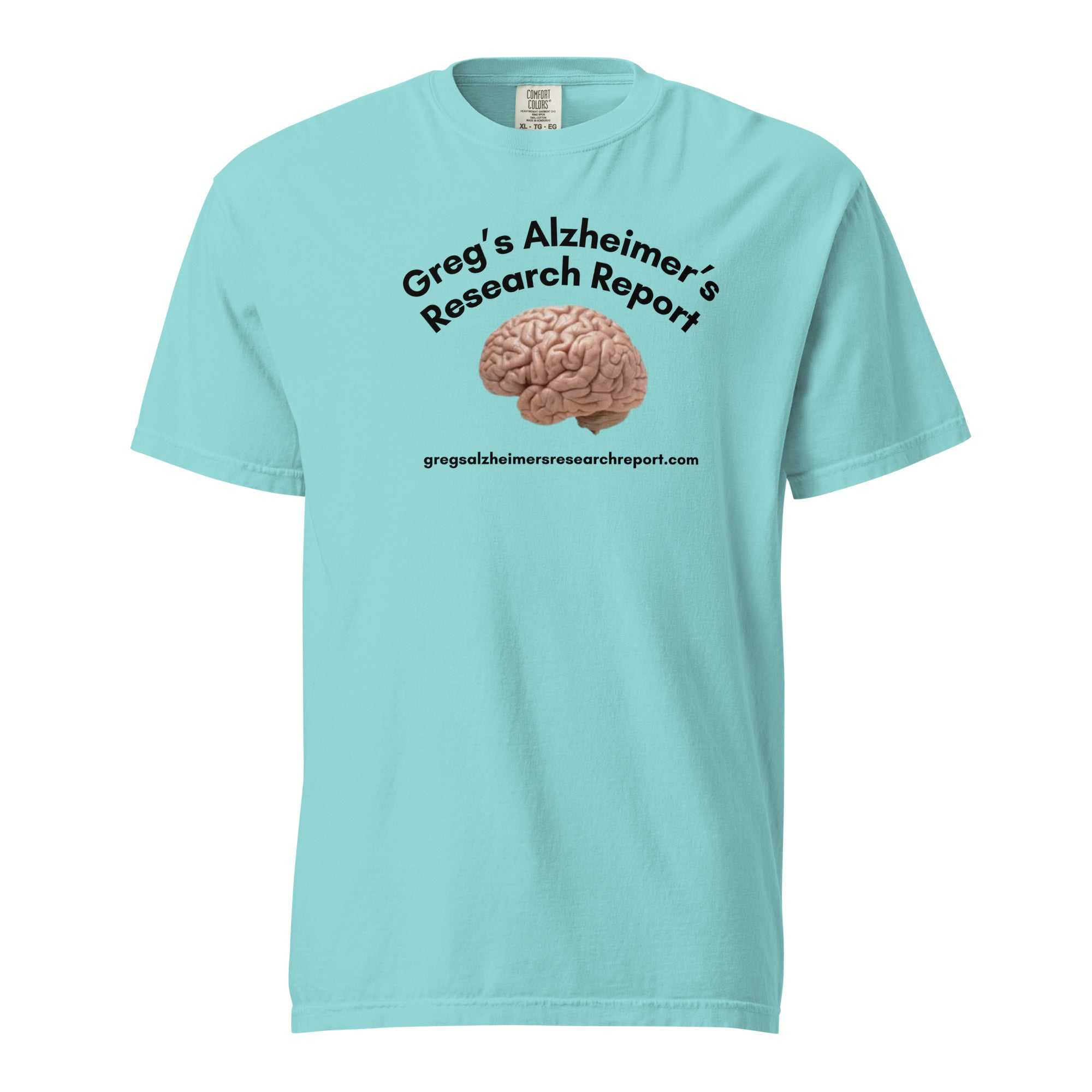 Light blue heavyweight t-shirt with Gregs Alzheimers Research Report text and brain graphic