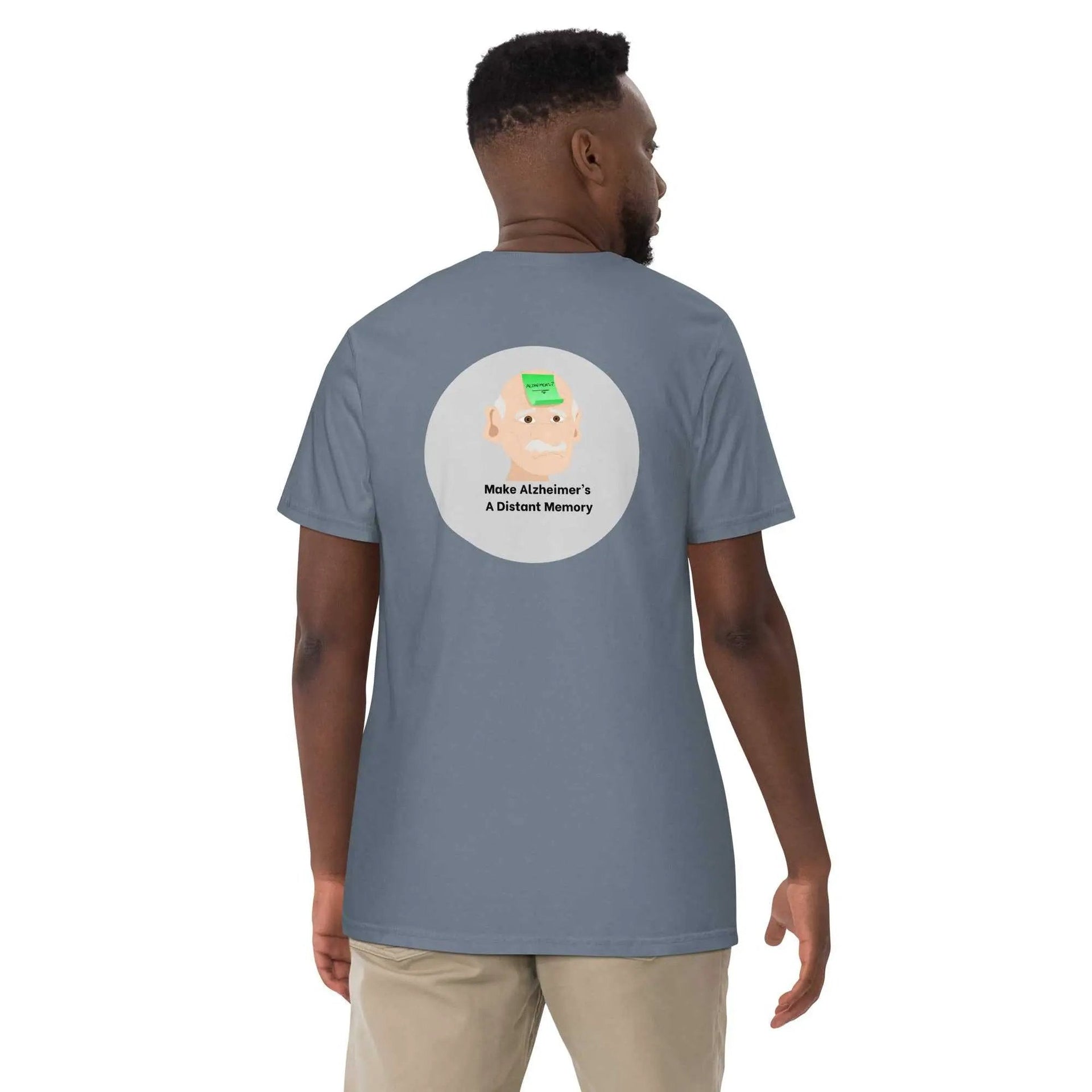 Unisex garment-dyed heavyweight Alzheimer's T-shirt by Greg's AZ Store with the slogan "Make Alzheimer's A Distant Memory."