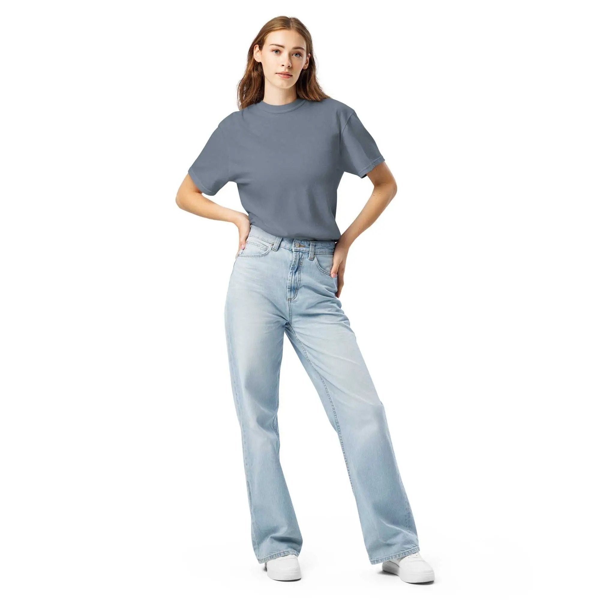 Person wearing a blue Alzheimer's T-shirt Unisex Garment-Dyed Heavyweight with light blue jeans