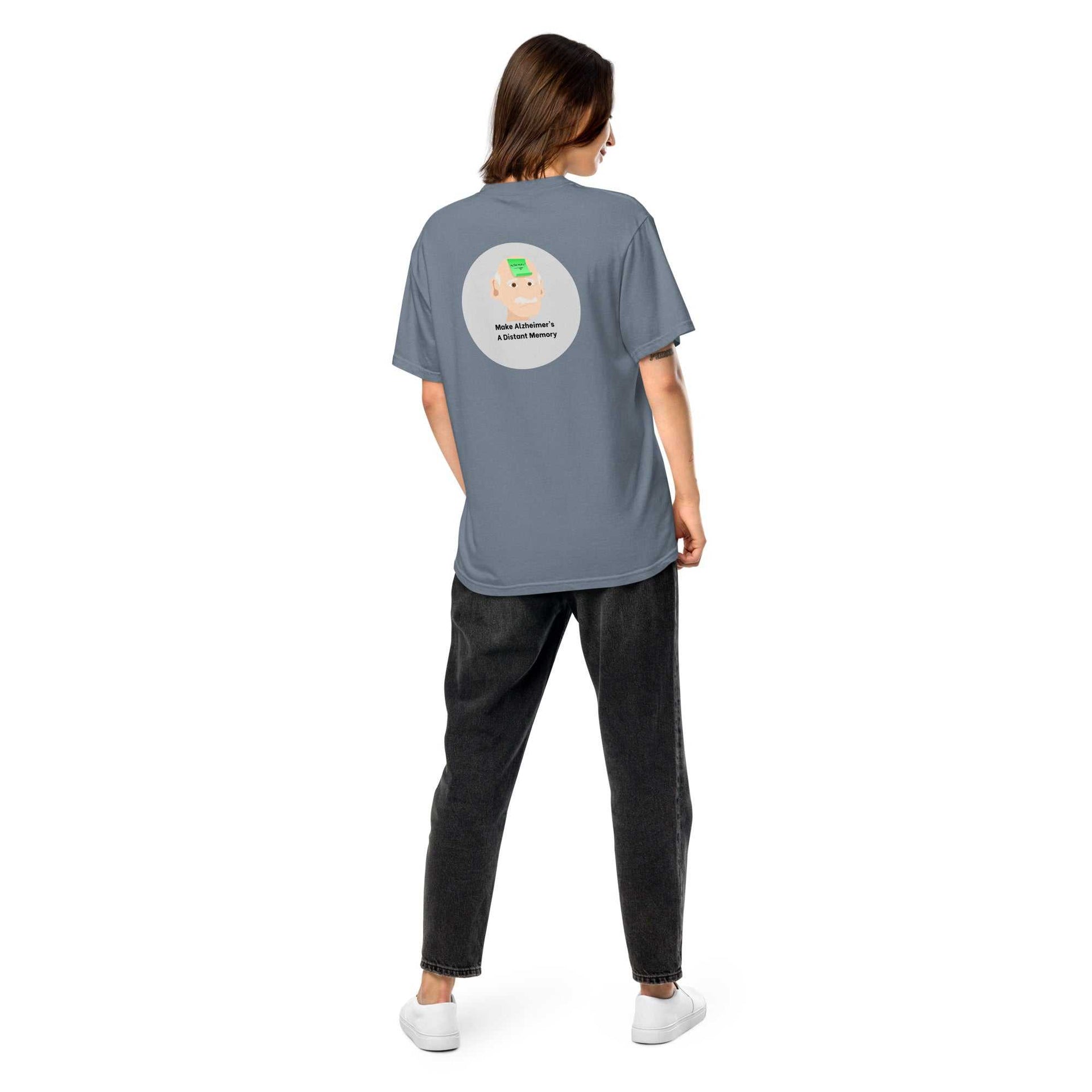 Unisex heavy-weight garment-dyed Alzheimer's awareness T-shirt with printed message, casual fit, in natural fabric.
