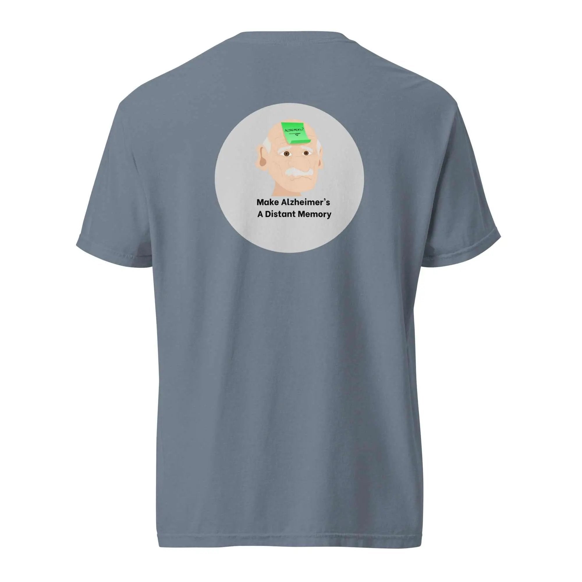 Back view of blue Alzheimer's T-shirt with graphic of elderly person with sticky note on forehead